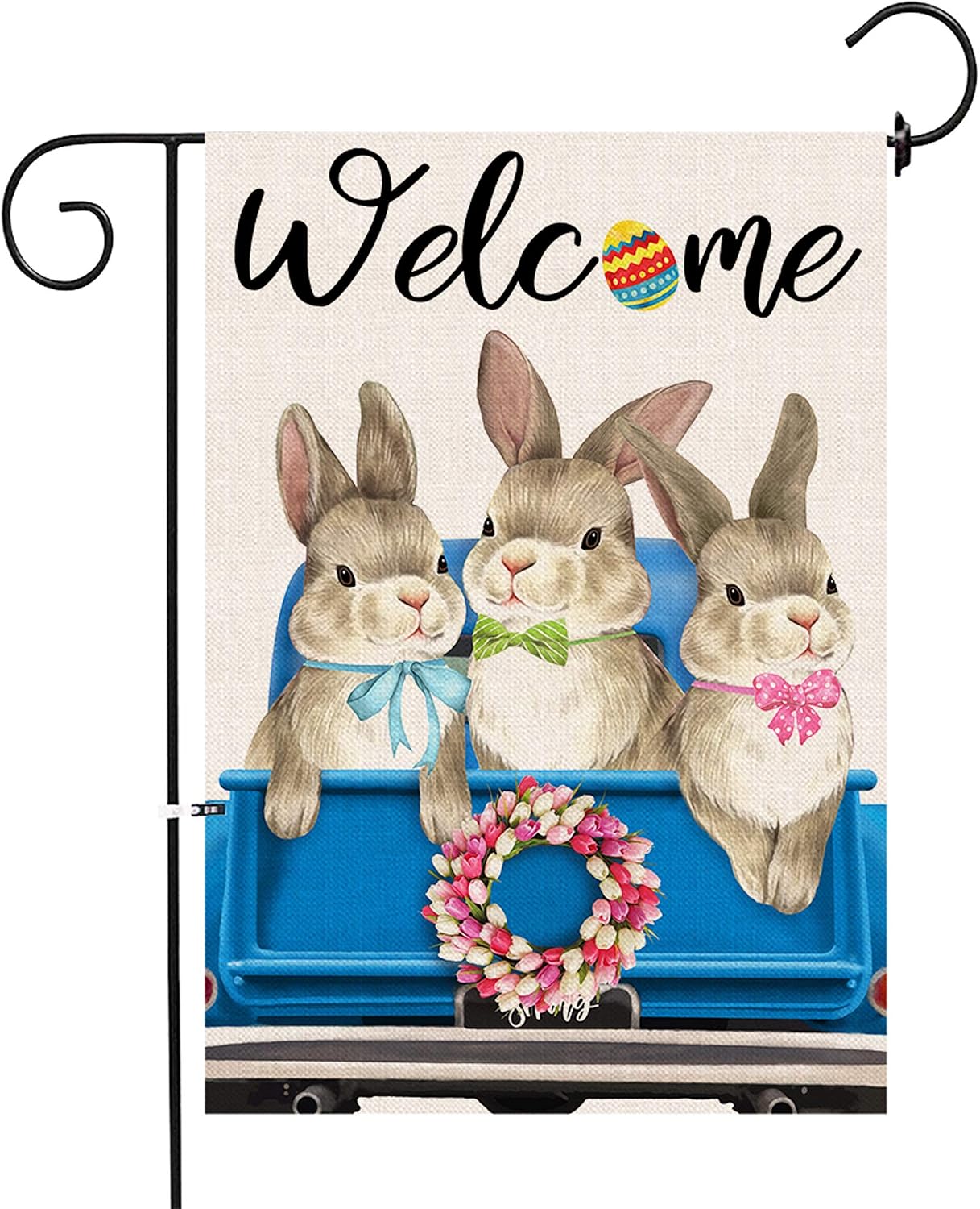 pinata Easter Garden Flags 12 X 18 Double Sided Cute Bunny Easter Yard Flag Burlap Welcome Spring Garden Flag Small Blue Truck Flag Easter egg Decor for Outdoor Lawn, Tulip Flower Wreath Seasonal Flag