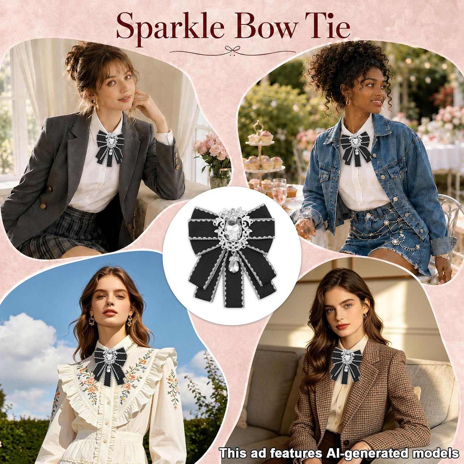 Rhinestone Womens Bow Tie Vintage Bow Tie for Women Pre-Tied Bowtie