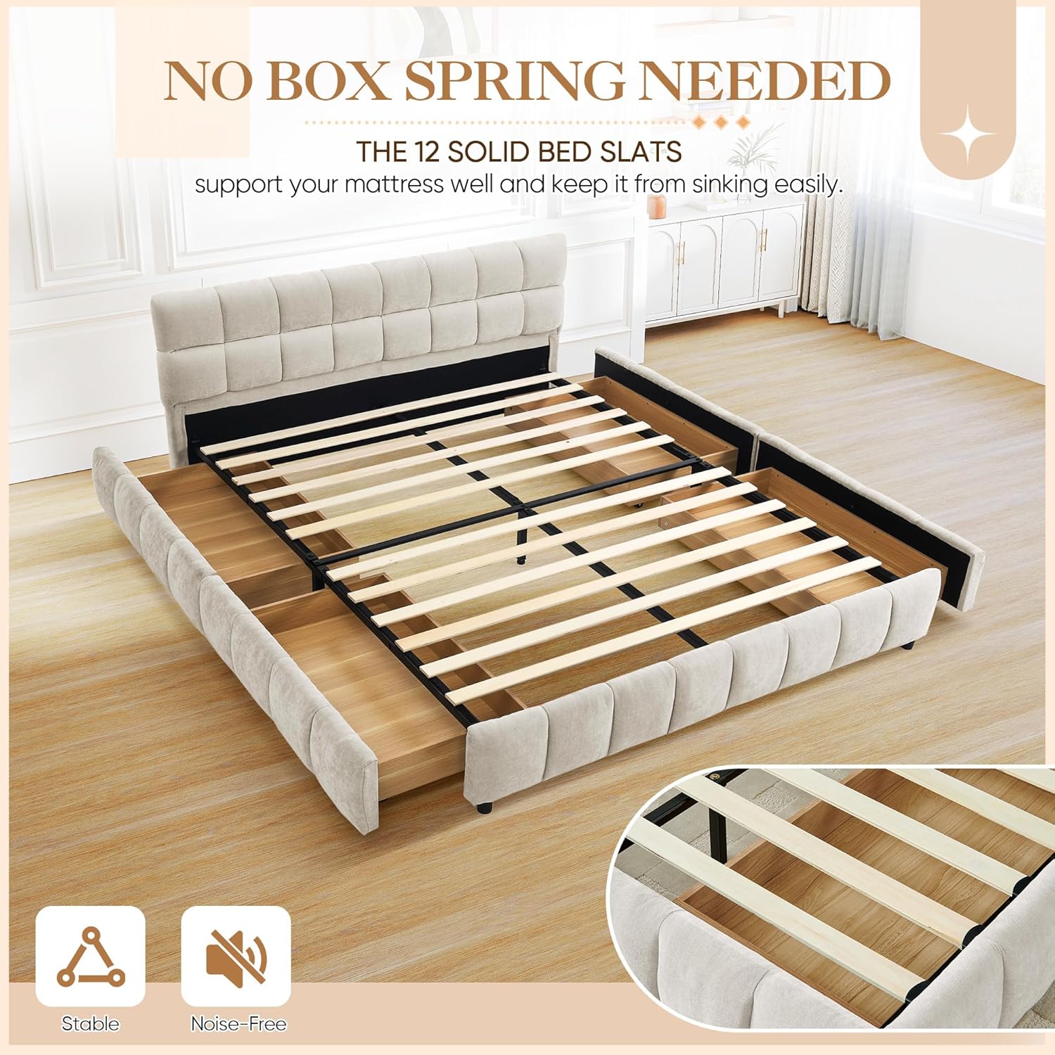 Upholstered Bed Frame Queen Size with 4 Storage Drawer & Tufted Headboard, Modern Chenille Floor Bed with Wood Slat Support, No Box Spring Needed for Bedroom Guest Room, Easy Assembly, Beige