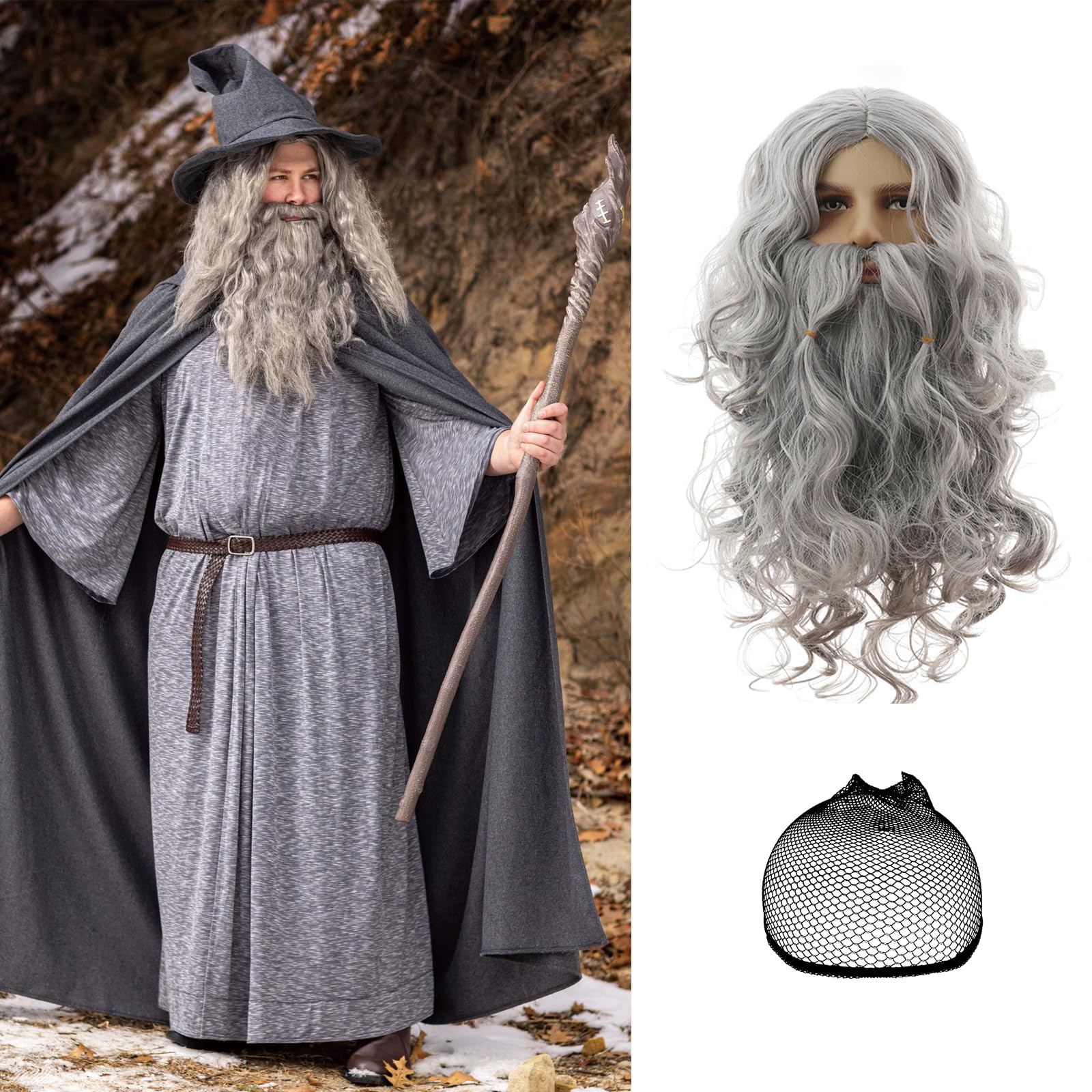 Pack De 2 Pelucas Grises Para Hombre – Estilo Largo Rizado Con Gorro Ajustable, Ideal Para Cosplay, Halloween Y Carnaval