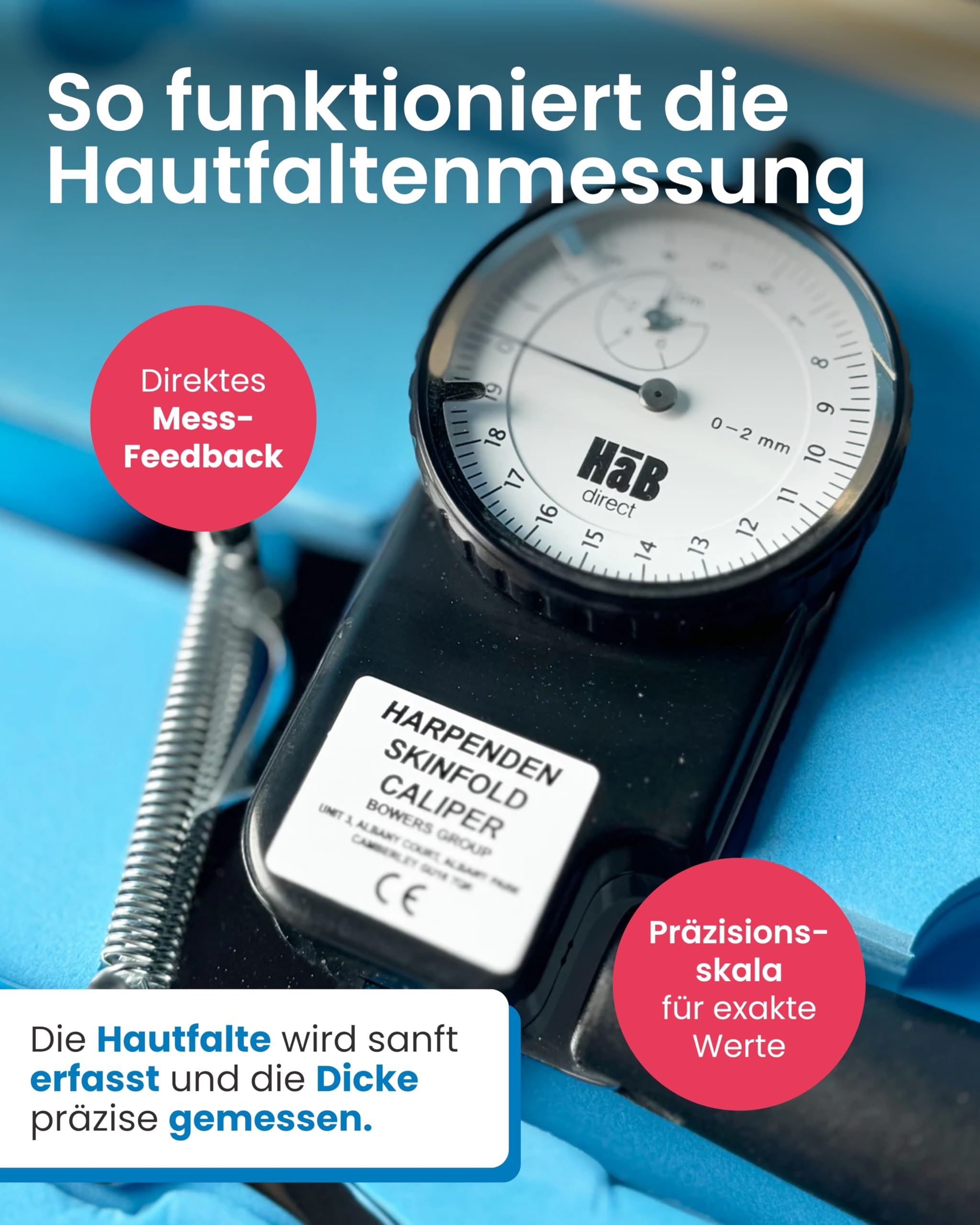 HaB Harpenden Skinfold Caliper I Präzisions Hautfaltenmessgerät zur Körperfettmessung I Caliper Zange mit 0,2 mm Skala I Messbereich 0–80 mm I Körperfettzange inkl. Holzkiste