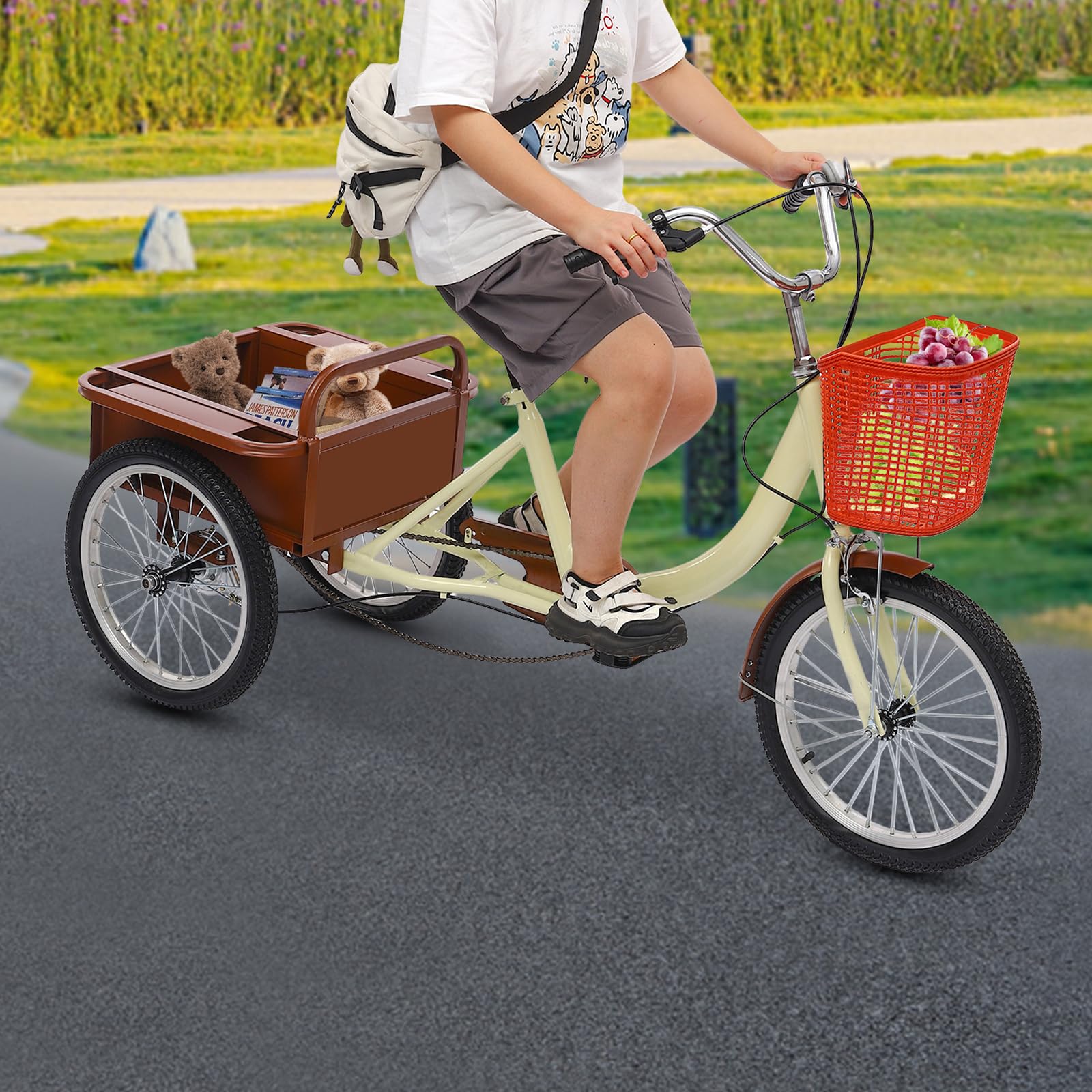 MINRS Triciclo para adultos, 18 pulgadas, altura ajustable, 3 ruedas, bicicleta de compras City con cesta de la compra, triciclo de crucero para adultos, triciclo para actividades al aire libre
