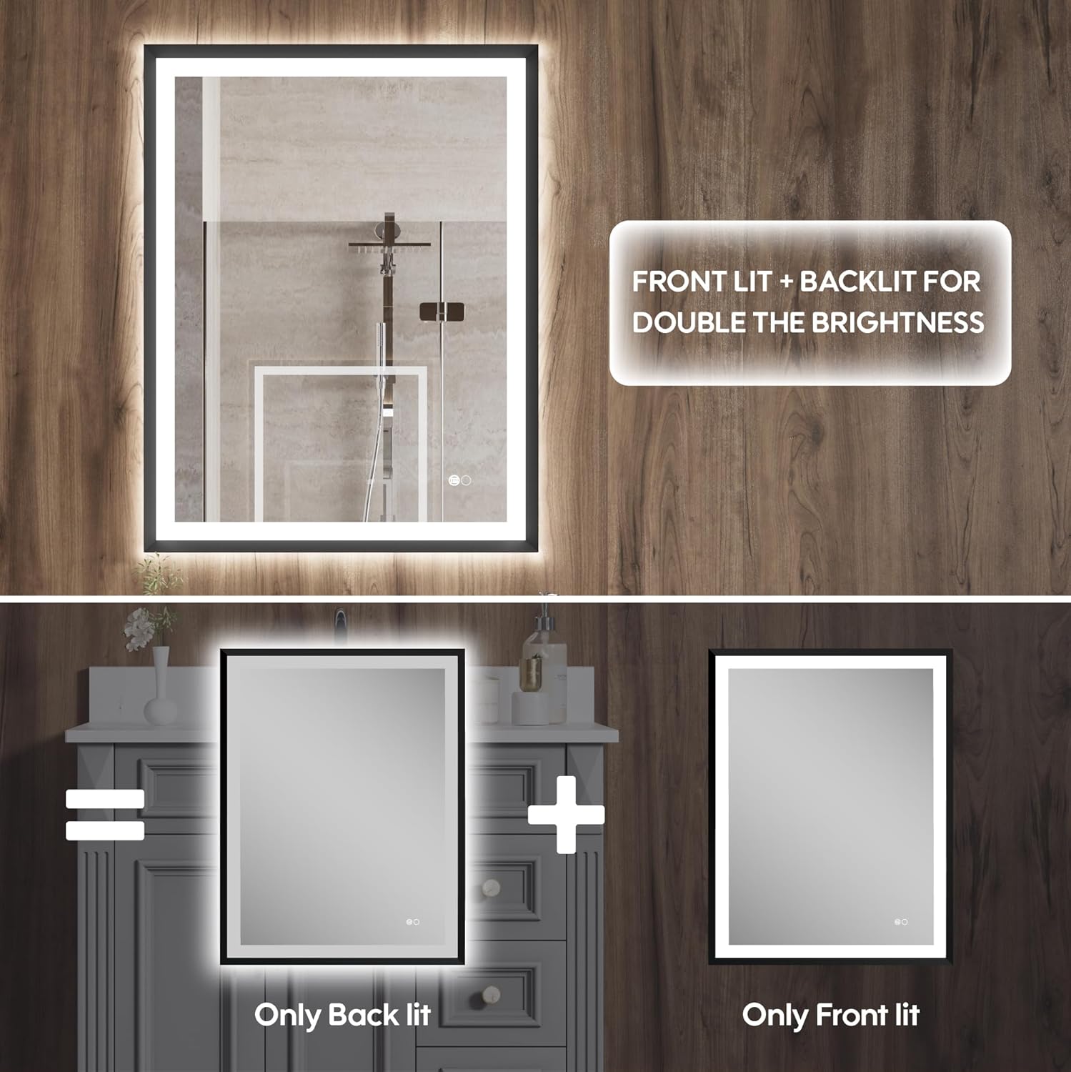 WELLFOR Backlit and Front Lighted Bathroom Mirror, Vanity Mirror for Bathroom, Wall LED Framed Bathroom Vanity Mirror includes Dimmer Defogger, Vertical/Horizontal Mounted, Matte Black (28"x36")