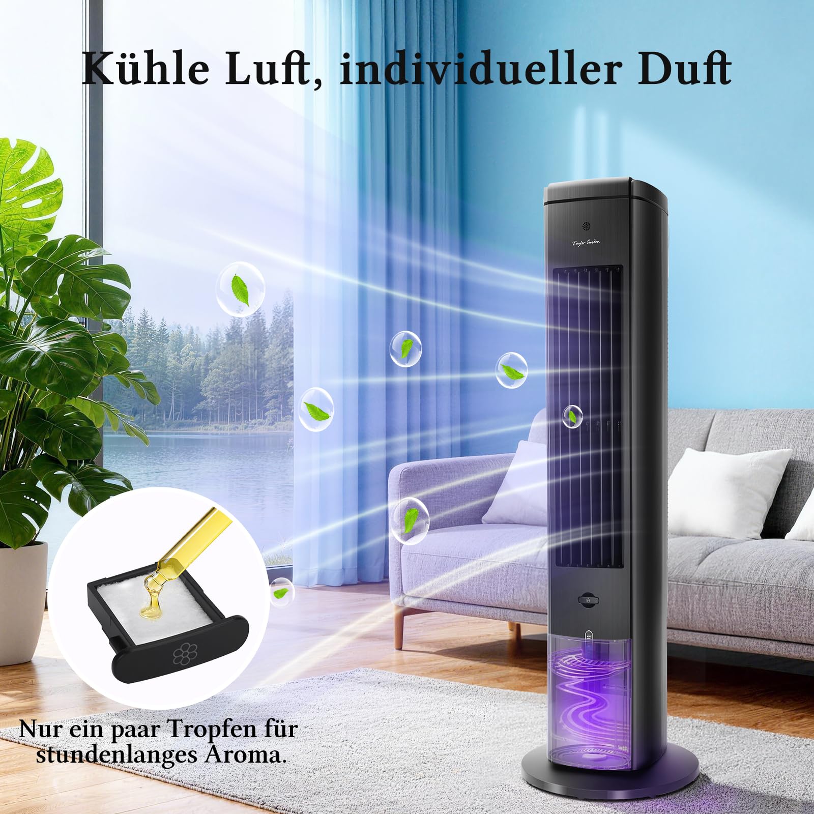 Taylor Swoden Turmventilator mit Wasserkühlung leise, 5-in-1 Luftkühler mit ION-Technologie & Aromadiffuser, 5L Wassertank, 75° Oszillation, 3 Geschwindigkeiten/Modi, 7h Timer, Fernbedienung, Schwarz