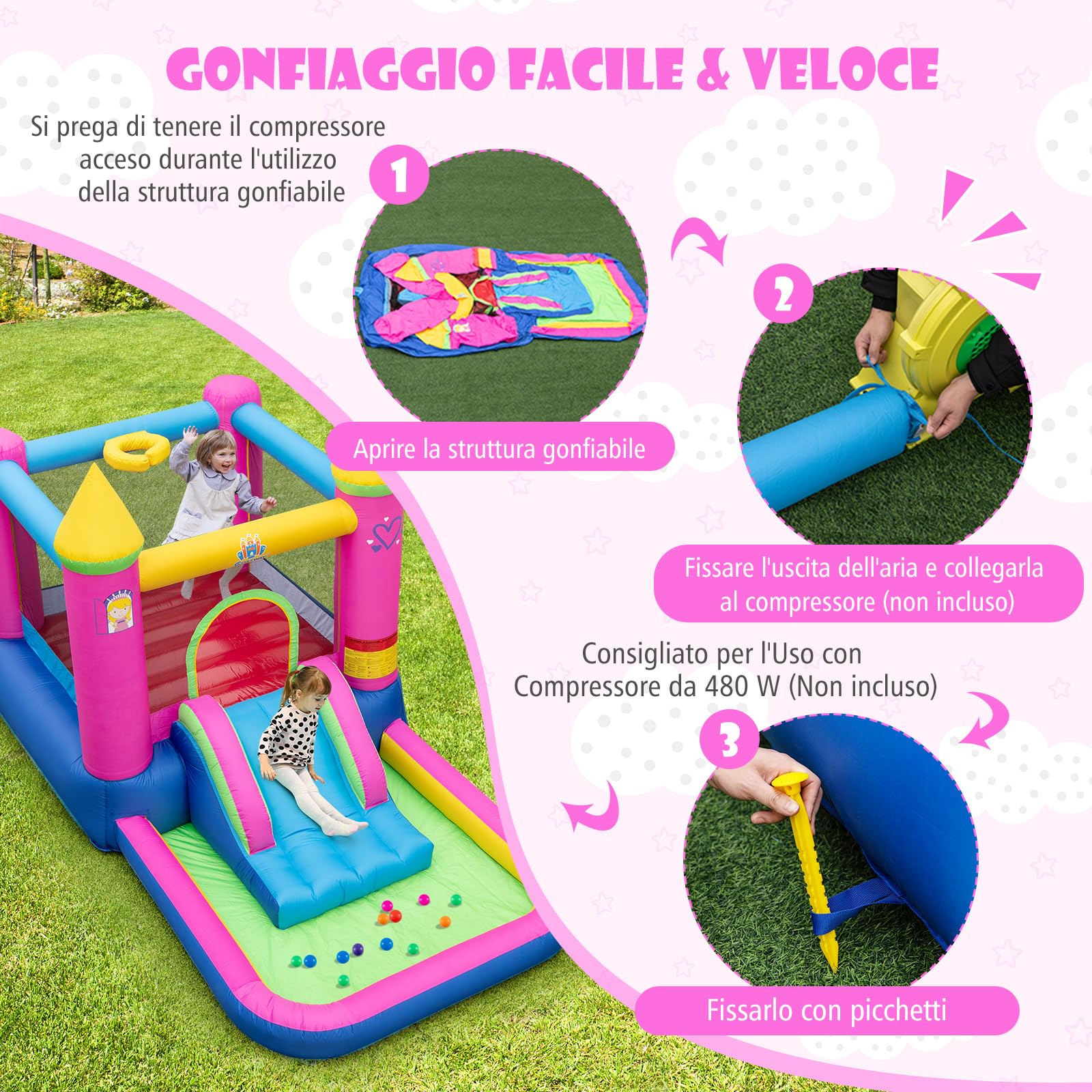 COSTWAY 4-in-1 Castello Gonfiabile per Bambini, Castello a Tema Principessa con Scivolo, Area Salto, Canestro da Basket e Vasca per Palline, Giochi Gonfiabile per 3-12 Anni (Senza Soffiatore)