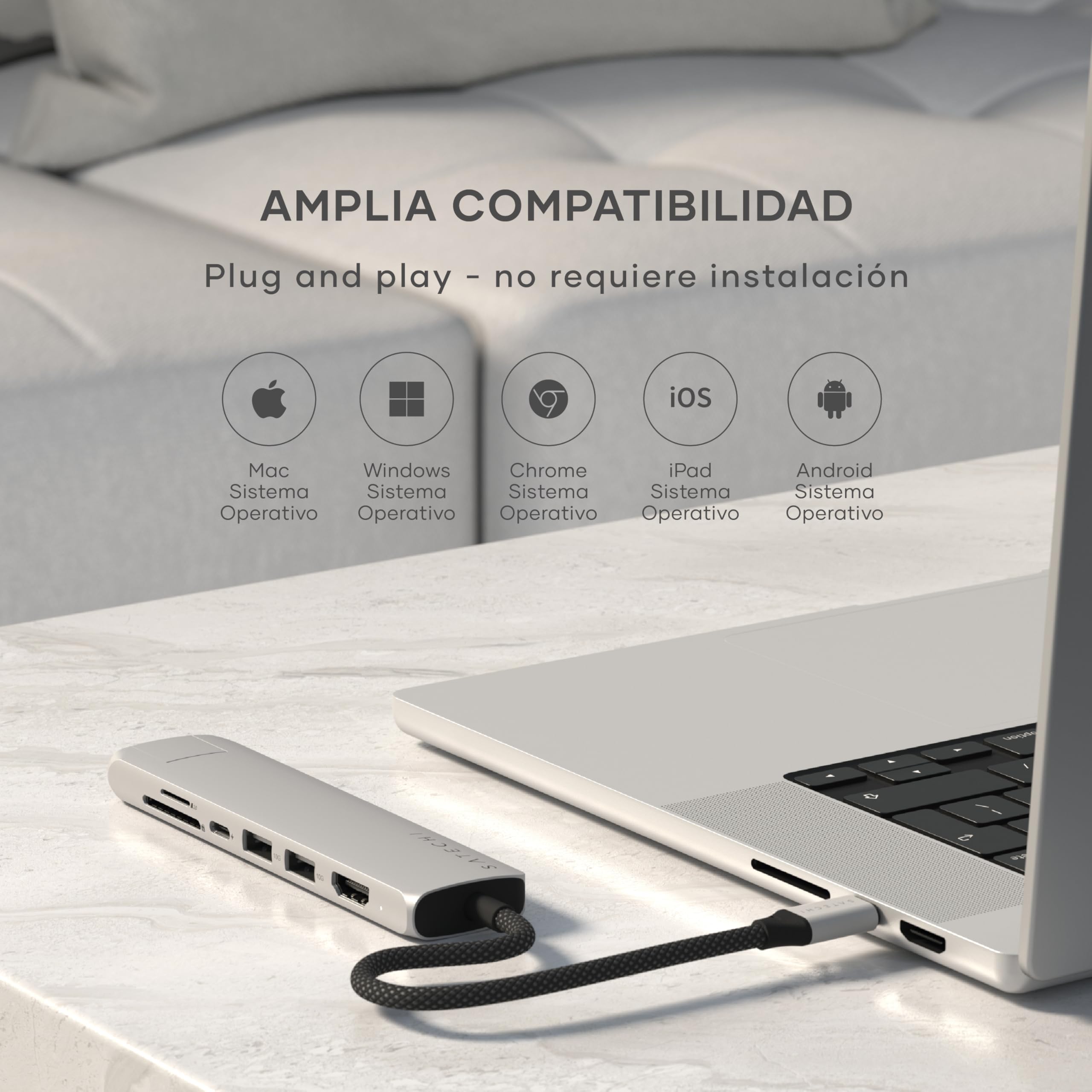 SATECHI 7 en 1 Hub USB C Slim Plus Adaptador Multipuerto con Ethernet, Carga PD 100W, HDMI 4K@60Hz, 2X Puertos USB-A 10Gbps y SD/microSD para MacBook Air/Pro/Neo, PC Portatil y más – Plata