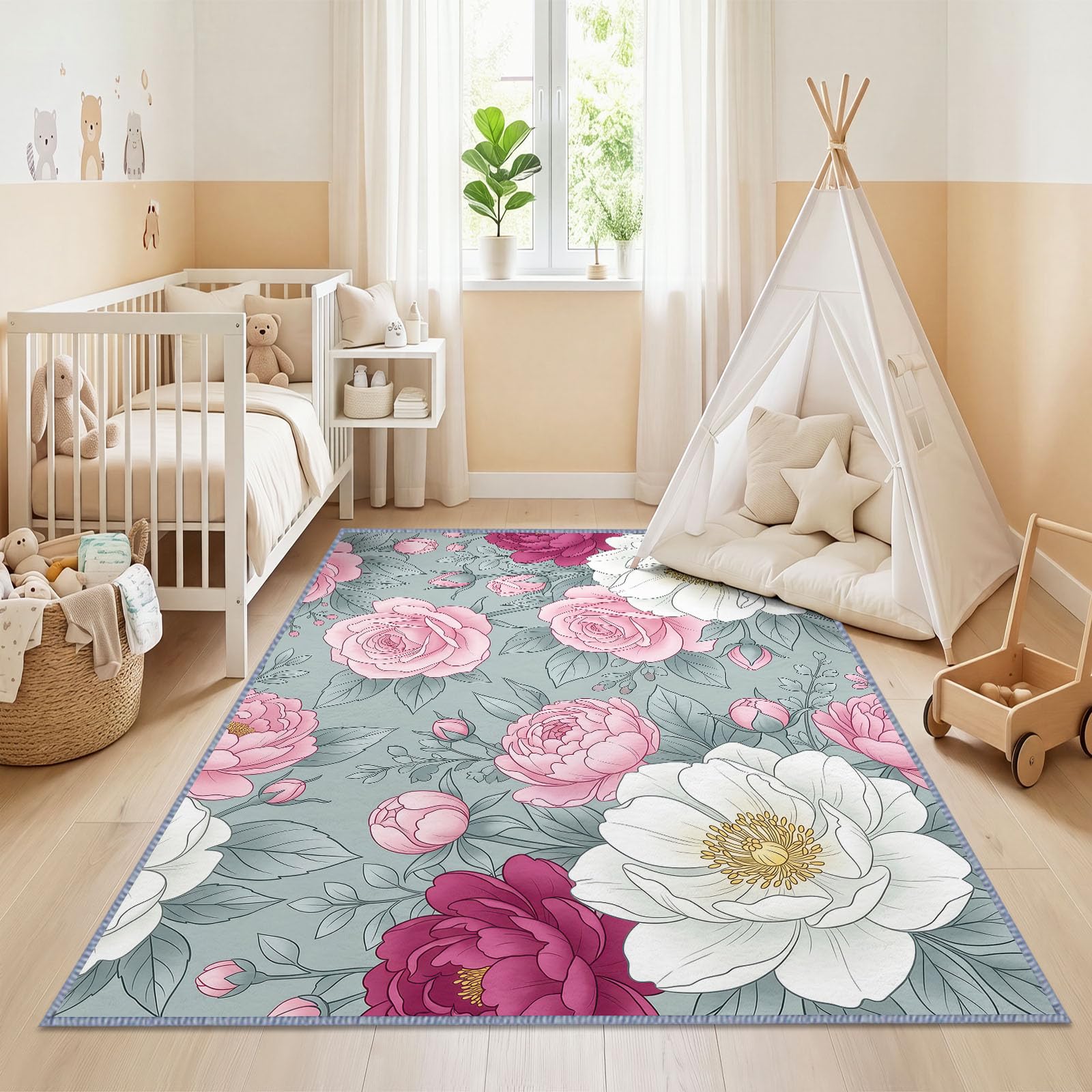 Générique Floral Pivoine Tapis Salon 80x150 cm, Lavable en Machine AntidéRapant Poil Ras Classique Romantique Style Victorien Tapis, pour Chambre Salle a Manger Descente de Lit Bureau Cuisine