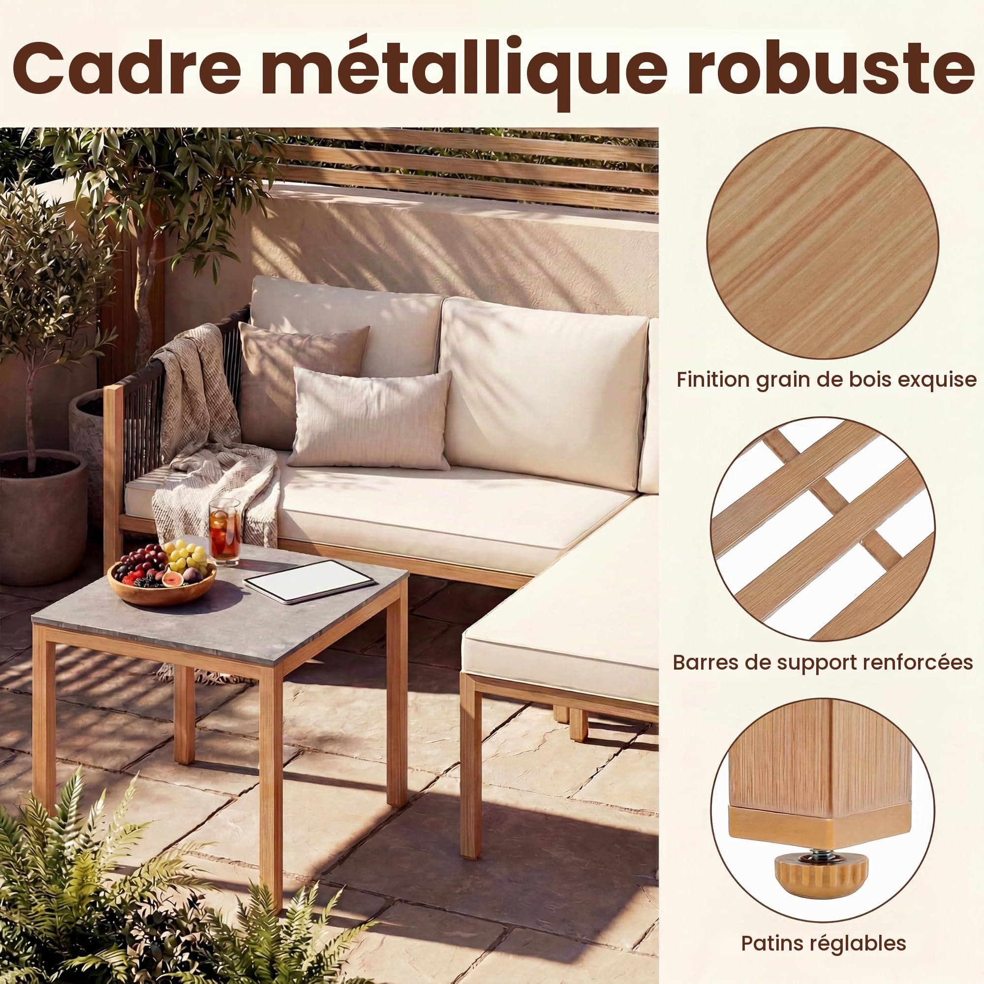 GIANTEX Salon de Jardin Exterieur en Corde Tressée avec Canapé 2 Places, Méridienne, Canapé d'angle en L avec Table Basse Effet Marbre et Coussins Épais, Structure Métallique pour Terrasse Patio