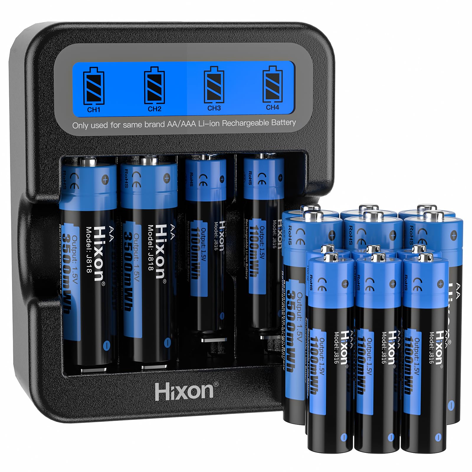 Hixon 1,5V Lithium Akku Set, 8 Stücke Wiederaufladbare 3500mWh AA und 8 Stücke 1100mWh Lithium AAA Akku mit Intelligentem LCD-Display-Ladegerät