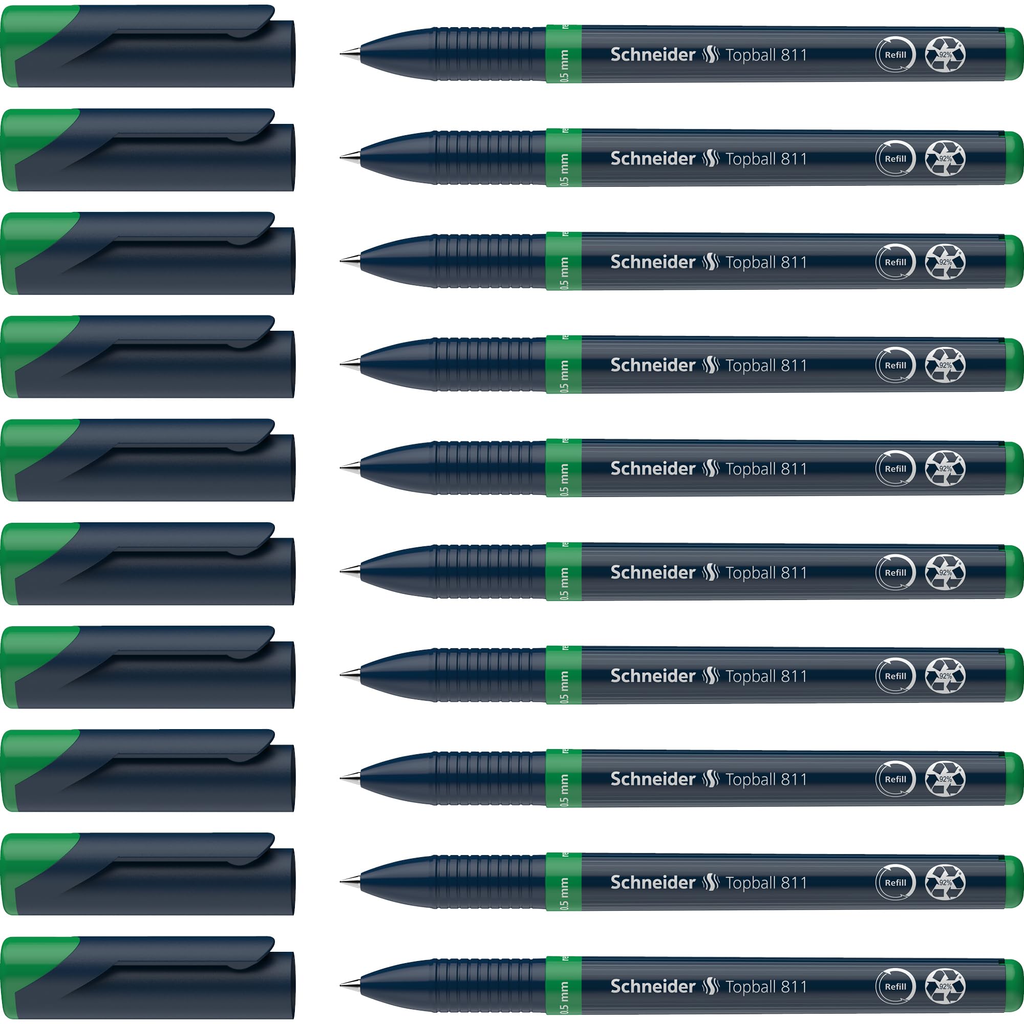 Schneider Lot de 10 stylos roller Topball 811 à pointe remplaçable 0,5 mm (Vert)