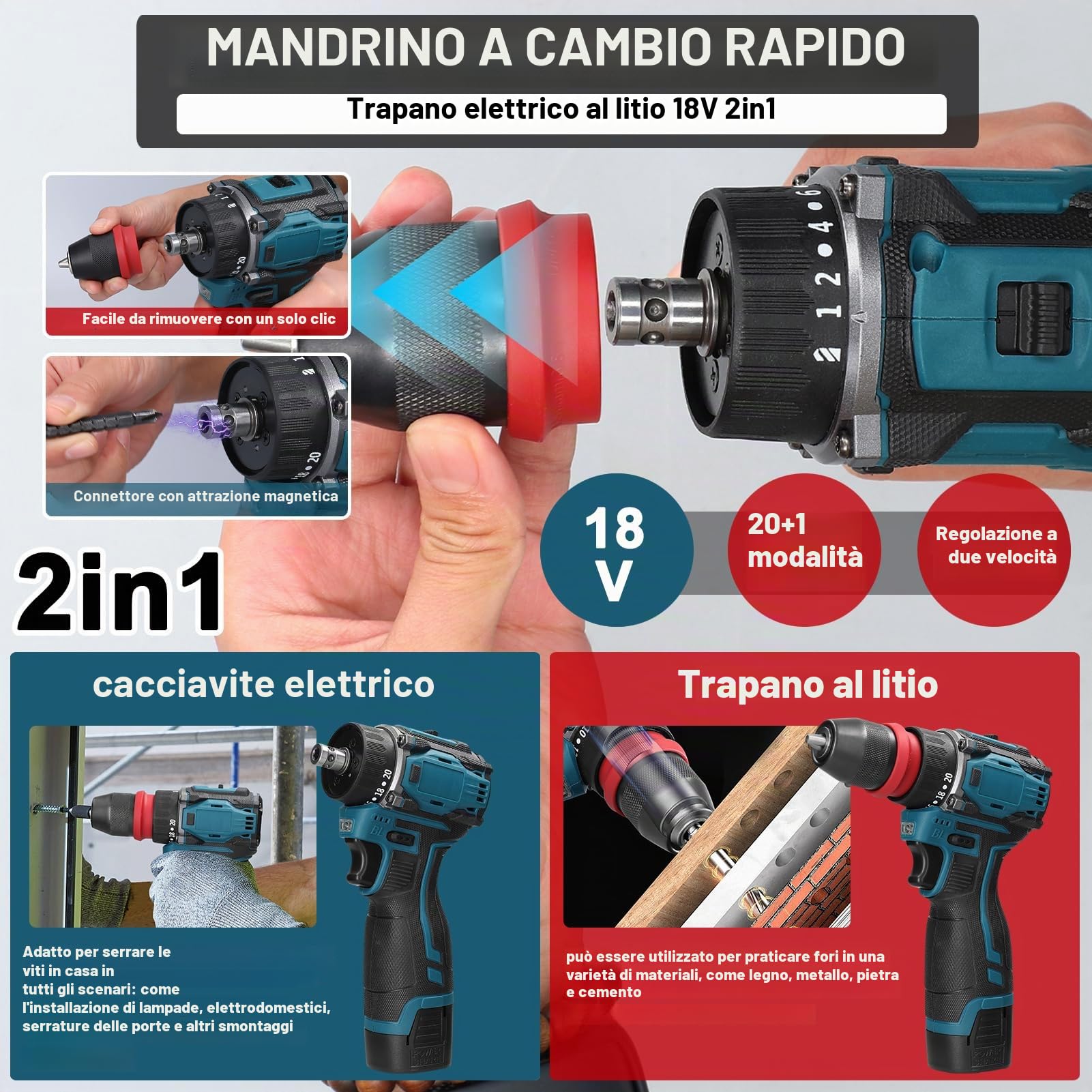 Weytoll Trapano Avvitatore Batteria 18V, 2 Batterie 1300mAh, Max 45Nm, 23+1 Impostazione Coppia, 2 Velocità, LED Luce per Riparazione, Fai da te