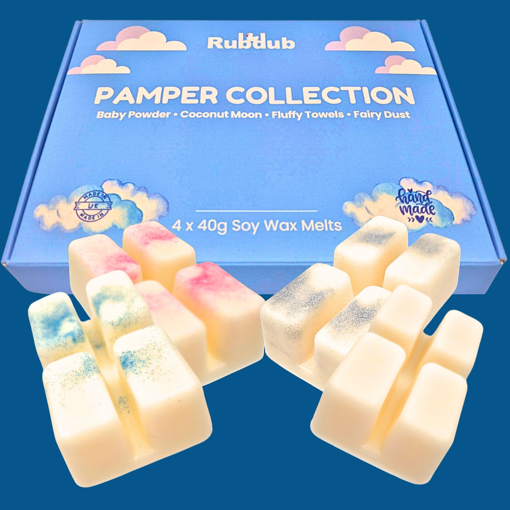 Rubdub Mixed Strong Wax Melts Gift Set, X 40G Snap Bars, 120 Hours+ Burn Time, Highly Fragranced Soy Wax Melts, Packaged In Protective Pet Trays. (Pamper Collection) Size 4