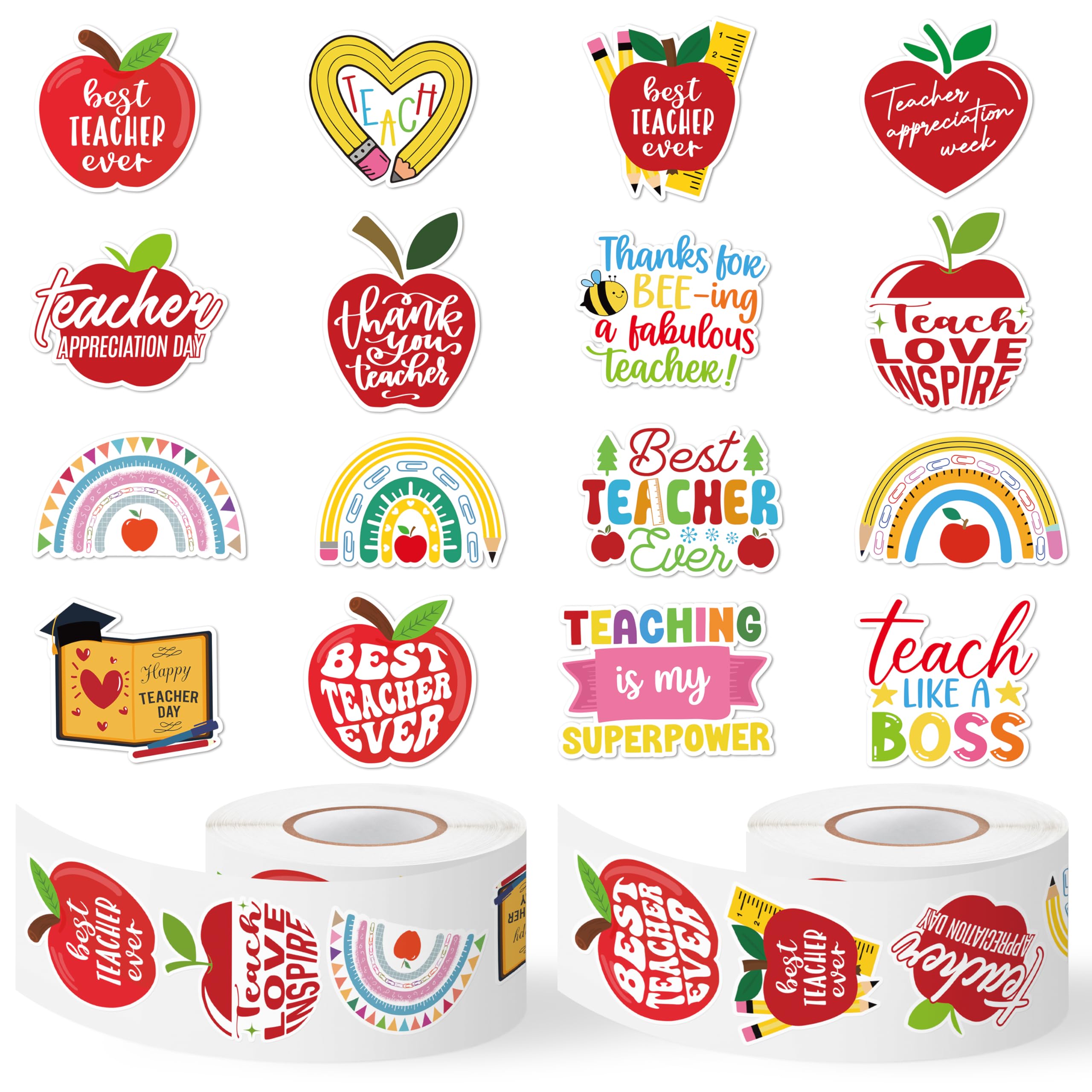 BkeeCten Teacher Appreciation Week Stickers - 1000pcs Happy Teachers' Day Stickers Rolls(2 Rolls)Best Teacher Ever Self-Adhesive Giftwrap Decal Water Bottle Laptop Scrapbook Bullet Journal Decorative