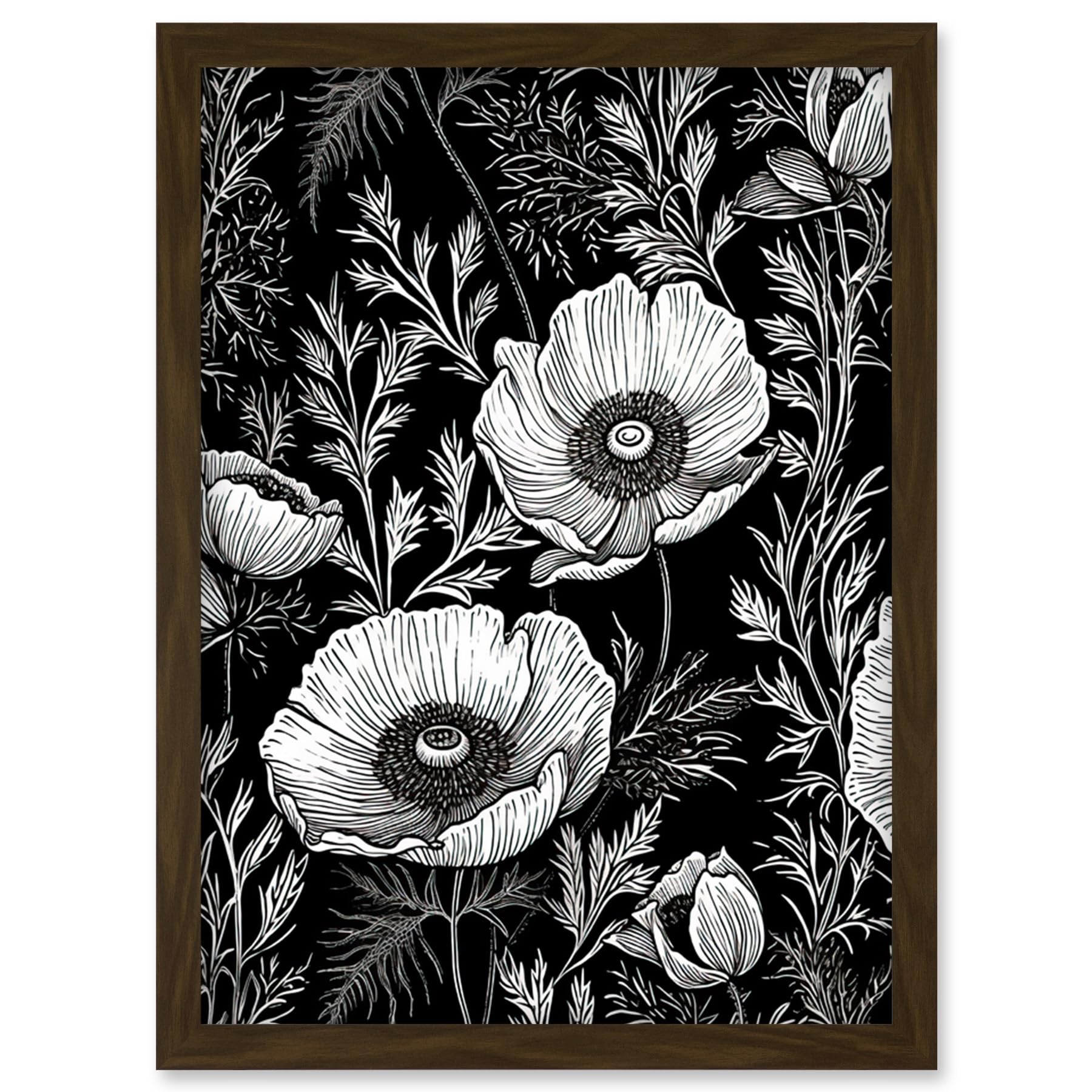 Artery8 Poppy Wild Flower Pattern Black and White Linocut Artwork Framed Wall Art Print A4