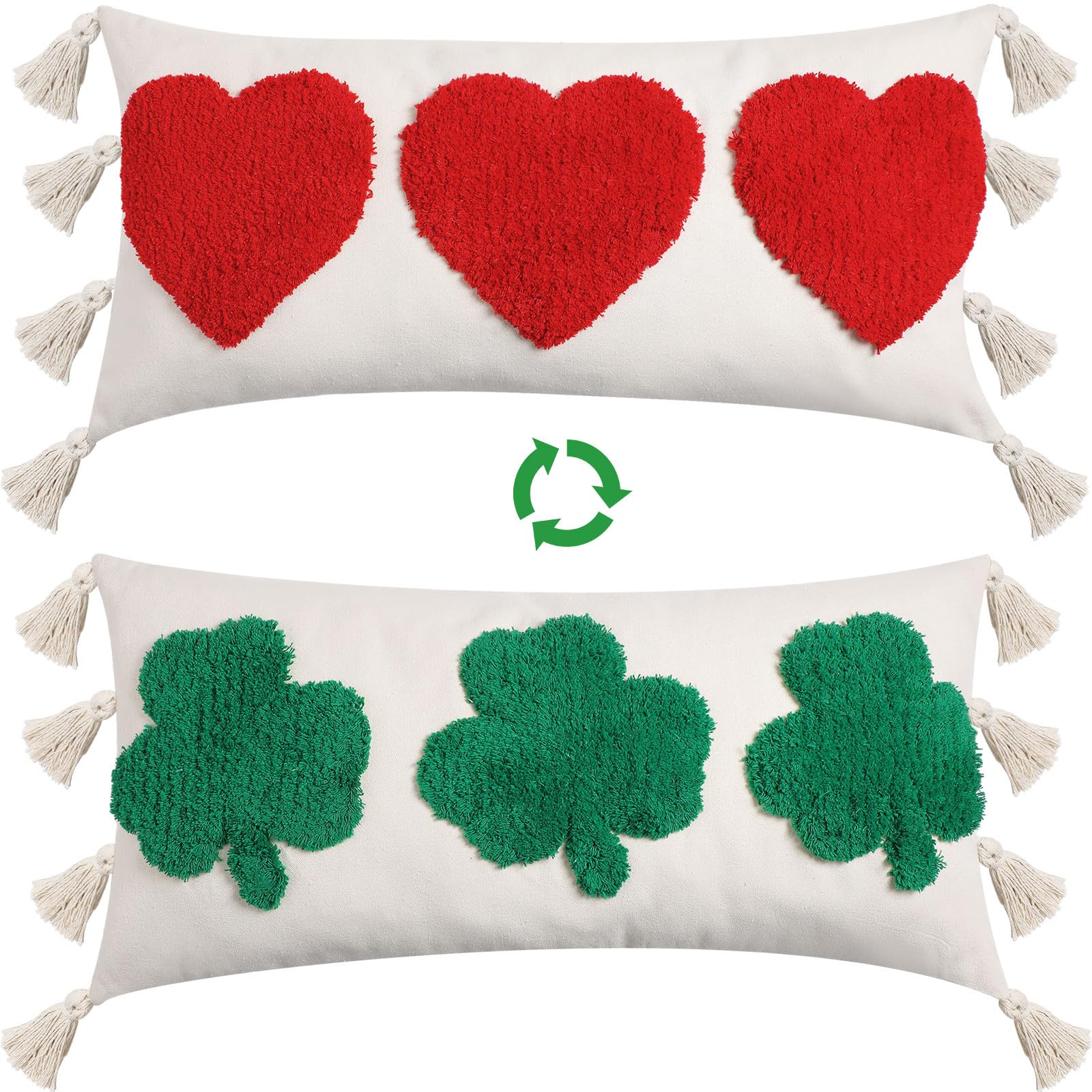 Housse de coussin trèfle Saint-Patrick 66x35,6cm à pompons pour décoration de canapé festive