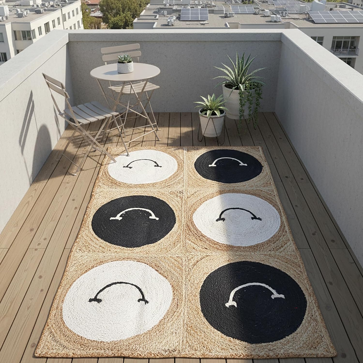 Natural Jute Area Rug 12x15 Hand Briaded Boho Rug Thick 0.27" Black & White Geometric Smiley Face Pattern Rugs for Bedroom Kids Play Room Dining Table Decorative Floor Carpet