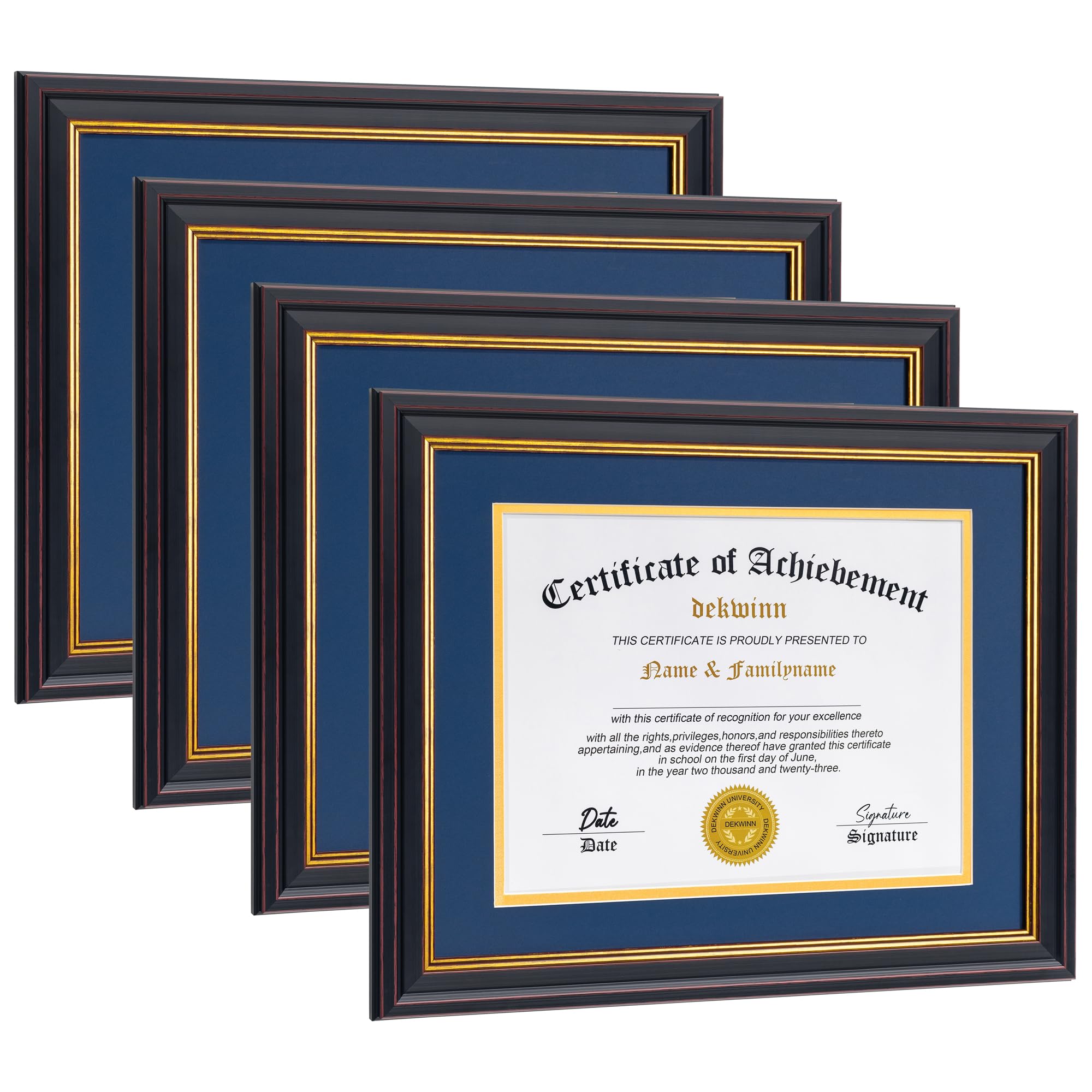 Diploma Frames 8.5x11 with Mat or 11x14 without Mat,4 Pack Certificate Document Frame with Real Glass,Black Gold &amp; Burgundy Molding(Blue/Gold Double Mat)