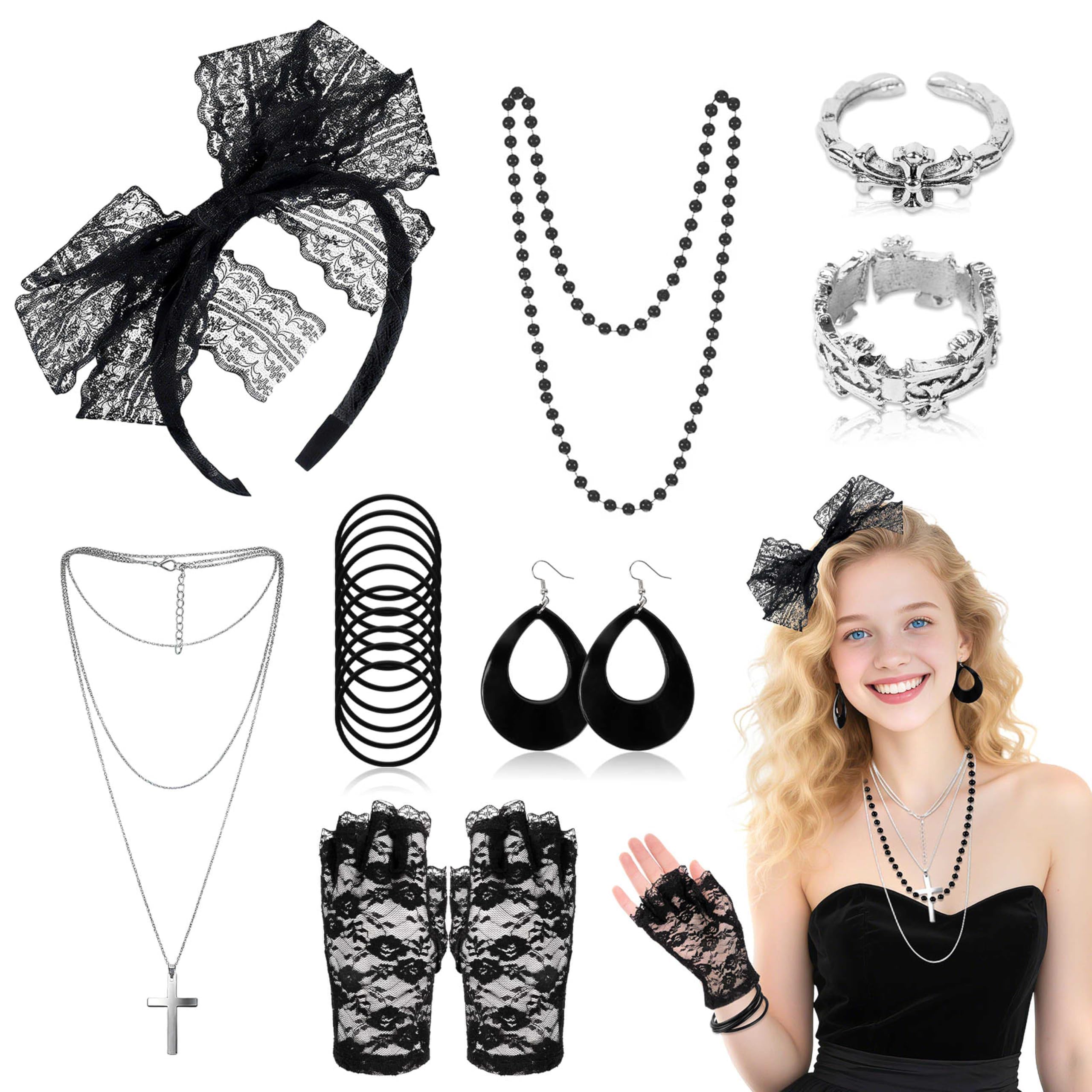 UxClishe 8Pcs 80s Costume Accessories for Women, Fancy Dress with Fishnet Gloves Cross Necklace Lace Headband Earrings Bracelet Set Necklace Ring for 80s Retro Party Halloween Carnival