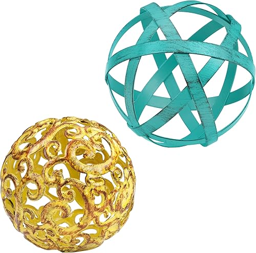 Everydecor Esfera decorativa de metal para decoración del hogar, color amarillo elegante, 4 x 4 pulgadas y verde azulado envejecido, 4.5 x 4.5
