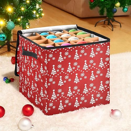 Miniatura 5 de Cesta de almacenamiento para adornos de árbol de Navidad color rojo, con copos de nieve de invierno, cubo con divisores ajustables para 64 adornos