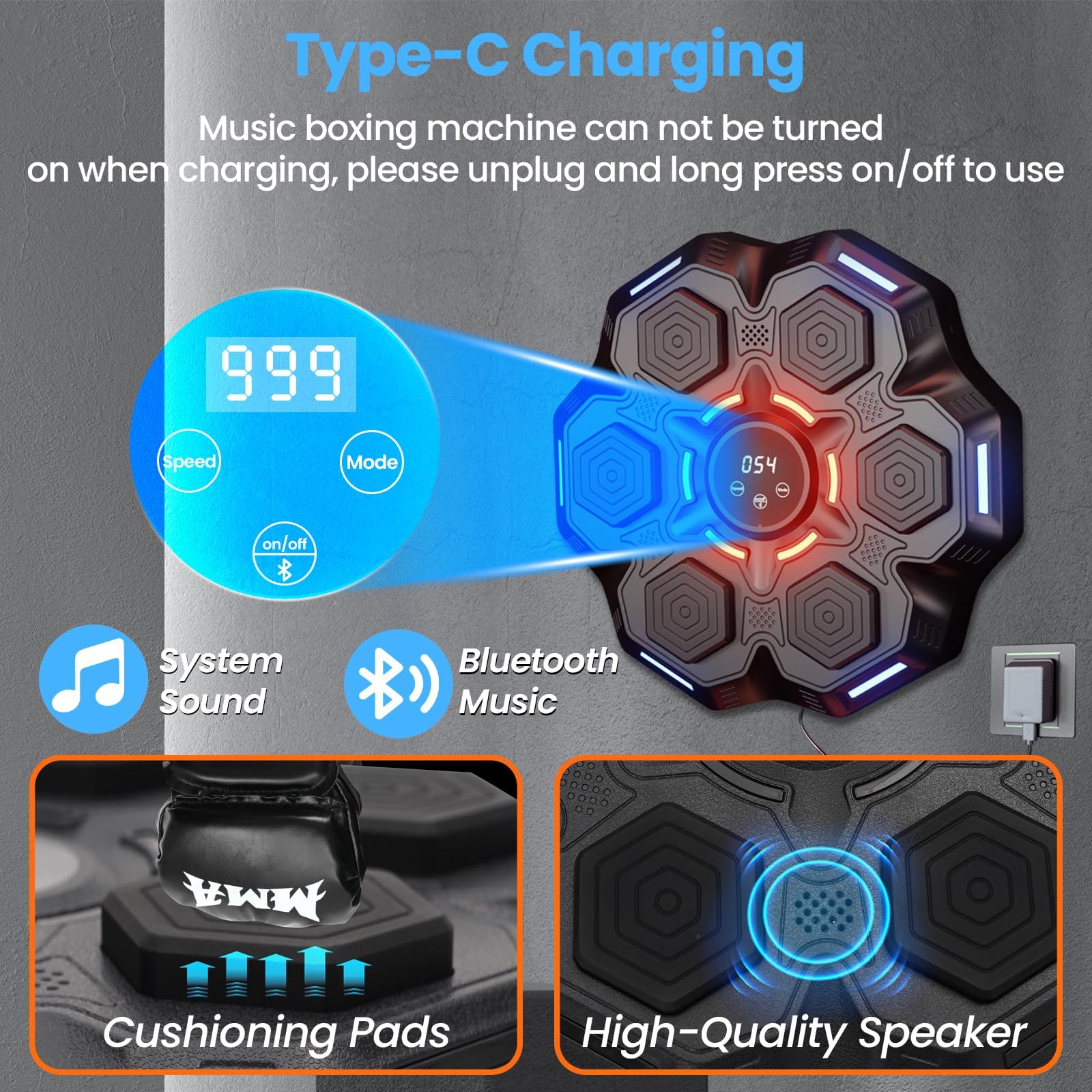 Machine De Boxe Musicale Adulte – 9 Modes, 9 Vitesses – Bluetooth, écran LED – Murale – Avec Gants