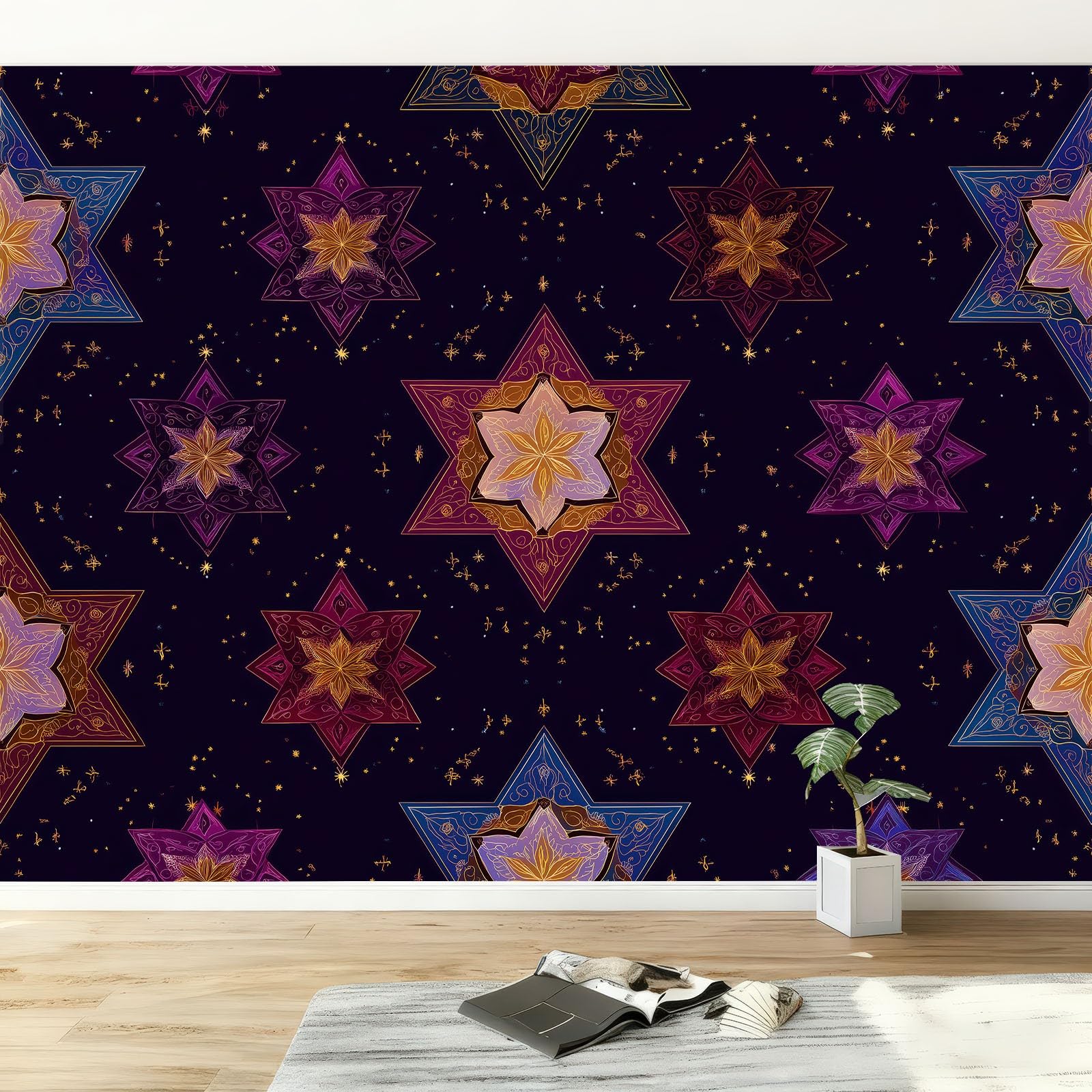 Geometryczny gobelin ścienny z włókniny w gwiazdki kwiaty łatwy do nałożenia - wielokolorowa tapeta na zamówienie 350 l x 256 cm, zmywalny plakat XXL do pokoju dziecięcego i restauracji