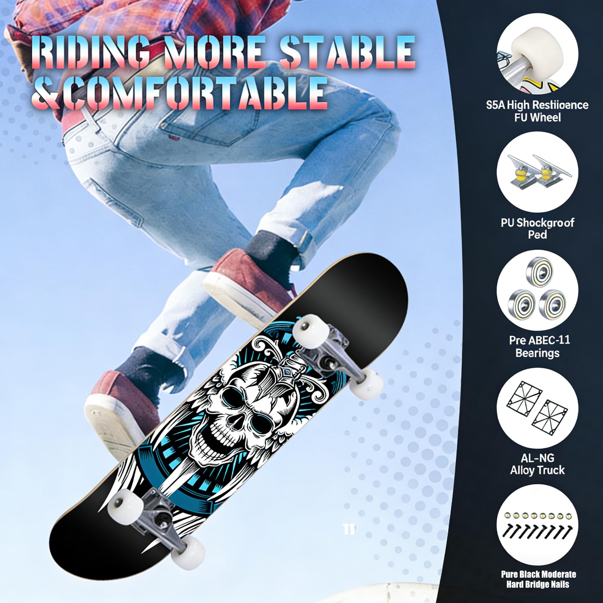 Skateboard Adulte Trick Skate Board pour Débutant, Cadeau d'anniversaire Skateboards pour Enfants Adolescent Adultes