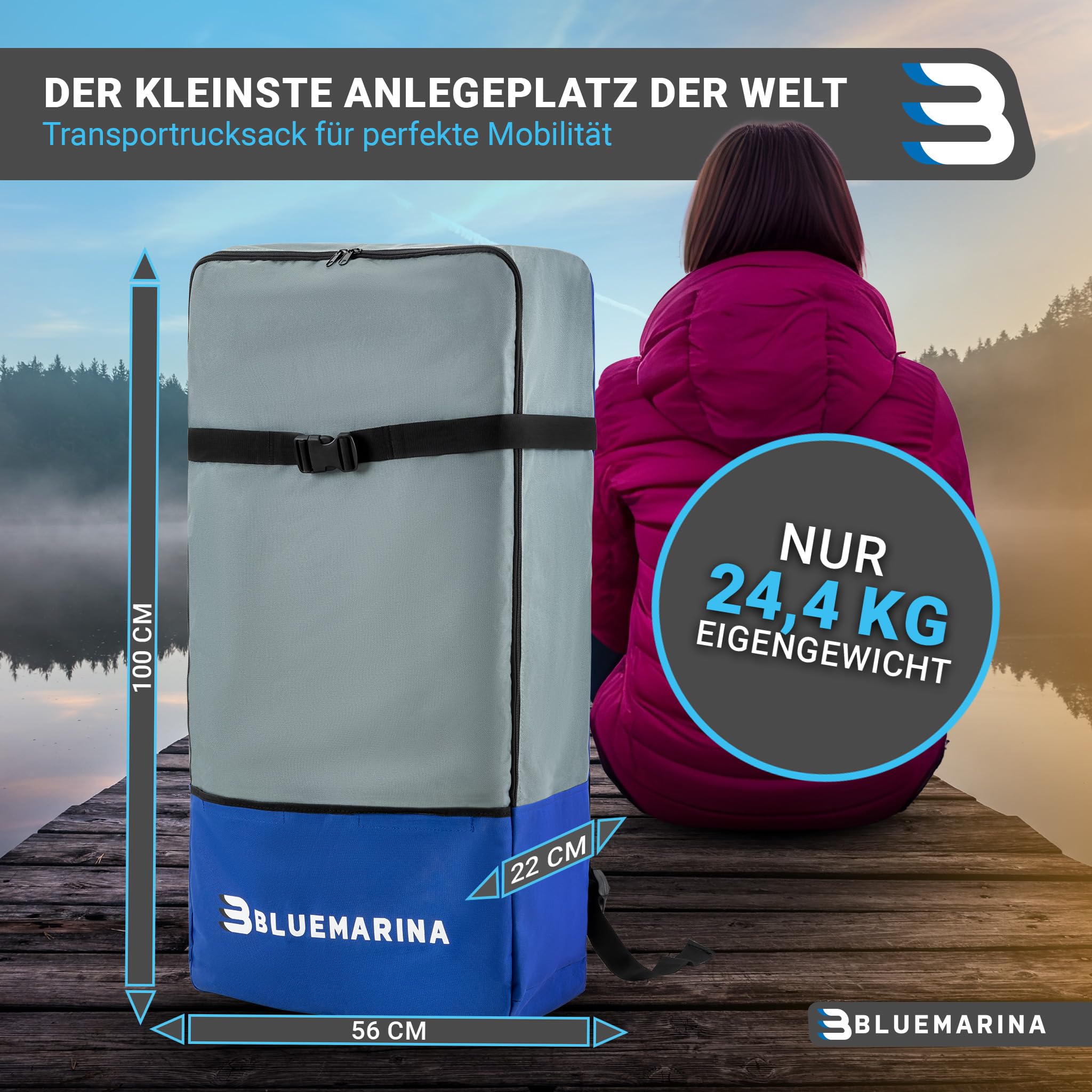 Bluemarina Kajak aufblasbar Samoa | Kanu für 1 oder 3 Personen - Luftkajak mit Paddel - Pumpe - Tasche - Aufblasbares Paddelboot - Kajaks Zubehör - Schlauchboot - Angelkajak - Wasserboot