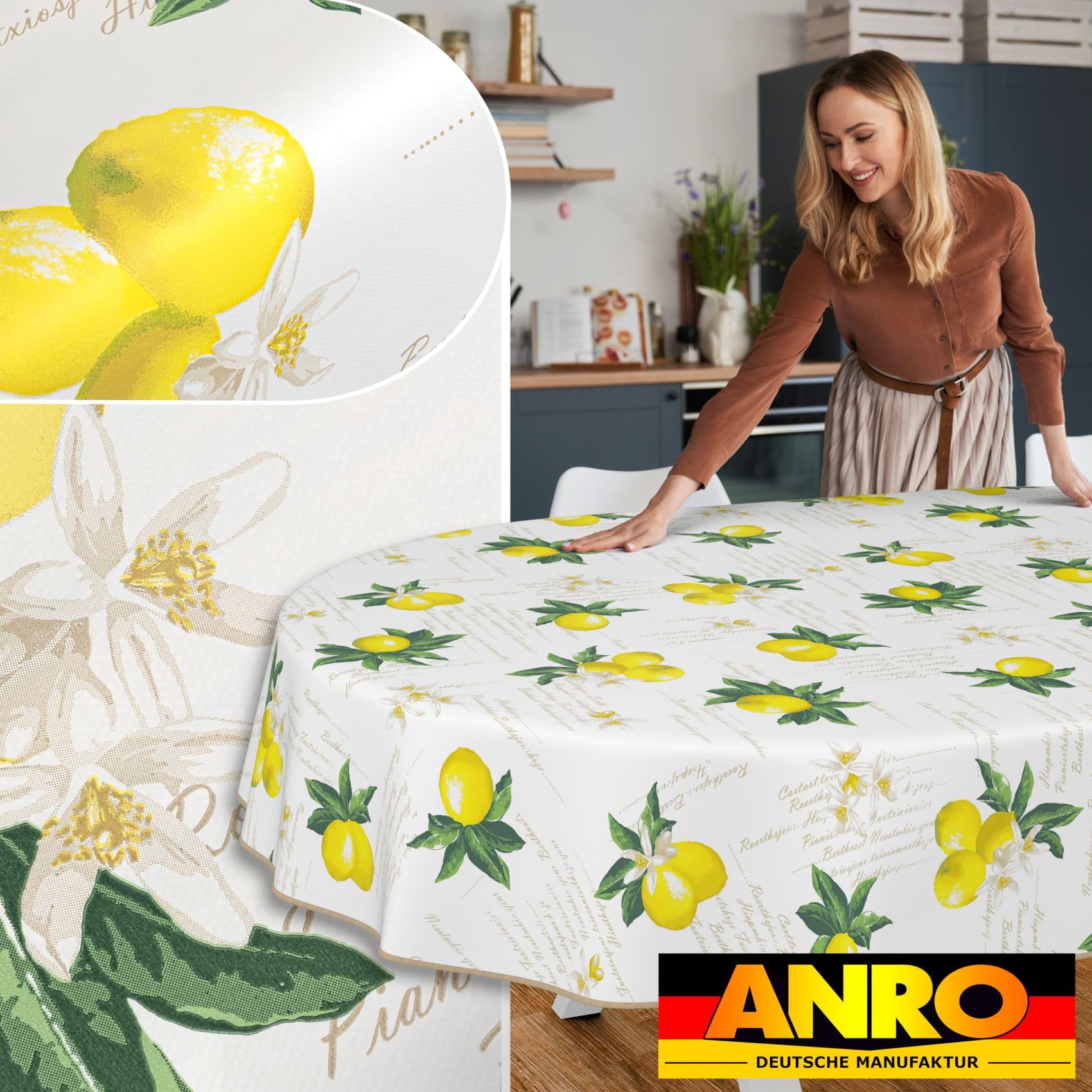 ANRO Nappe en toile cirée lavable, pour table de jardin, de forme ronde, ovale ou rectangulaire, ovale, 180 x 140 cm, avec ourlet (bordée), motif citrons