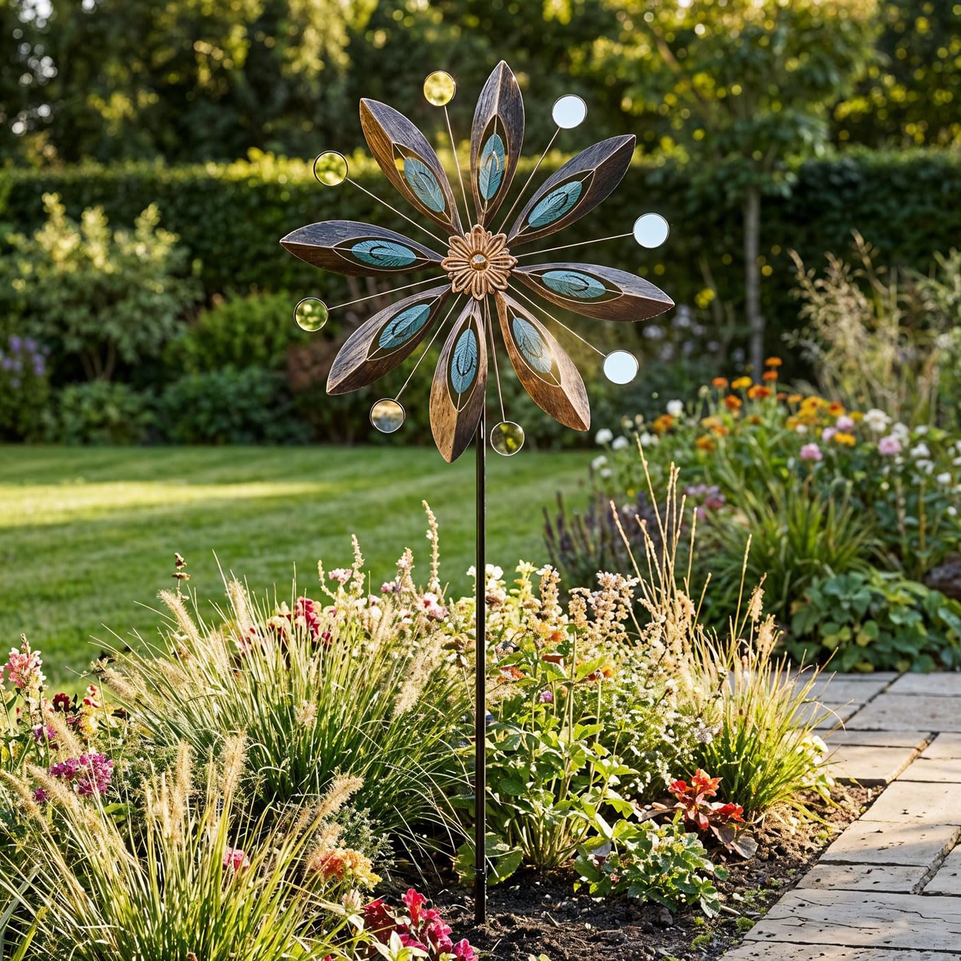 levandeo Molinillo de viento de metal para jardín, altura de 180 cm, diseño de flor antigua, molino de viento, carillón de viento, adorno de metal, flor de metal
