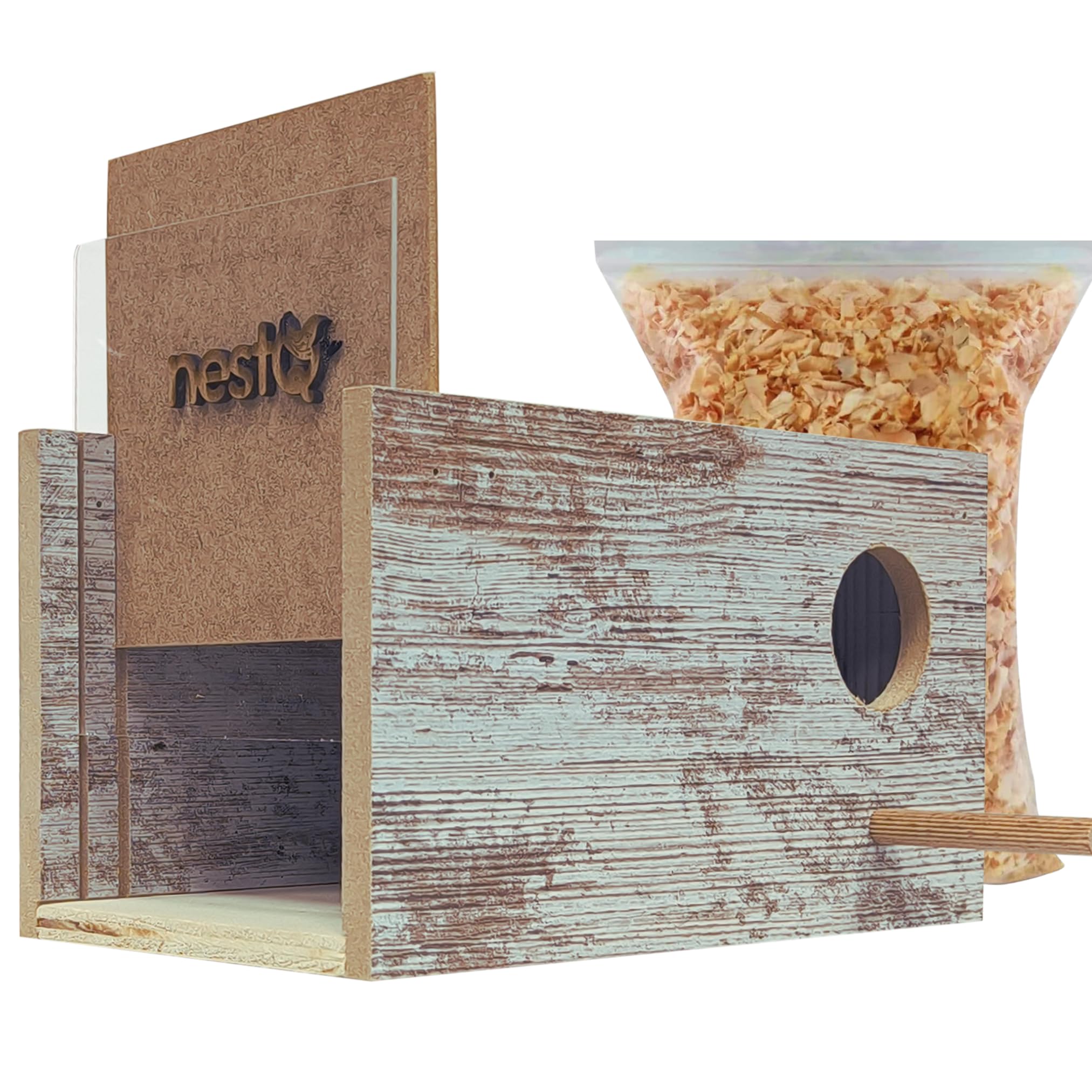 Nido para Agapornis Iseparables con Viruta para la Cama, Casita de Cría de Madera para Pájaros, con Enganches para la Jaulas de Aves, 22cm x 14.5cm x 14cm (Ventana)