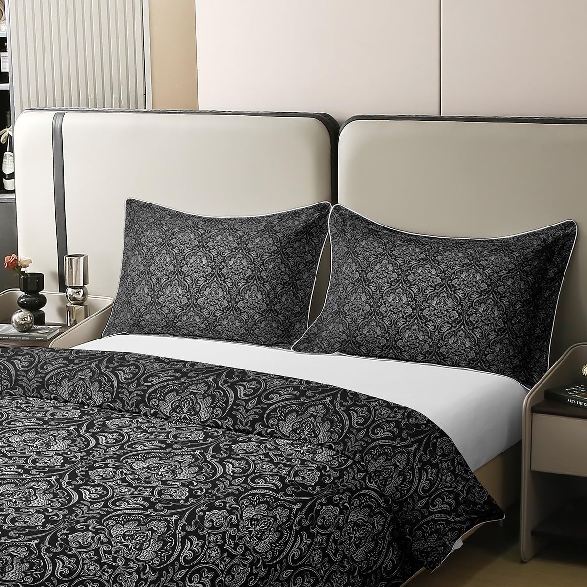 100 Percent Cotton Black Grey Ombre Gothic Bedding Set for Adults Men Super King,Antique Victorian Baroque Floral Comforter Cover Boho Damask Duvet Cover Exotic Floral Bohemian Bedspread Cover - Image 4