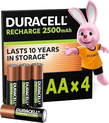 DURACELL AA Rechargeable Batteries (4 Pack) 1.2V, 2500 mAh NiMH | Pre-Charged - High Capacity Rechargeable Double A Battery - For gaming controllers - 0% Plastic Packaging