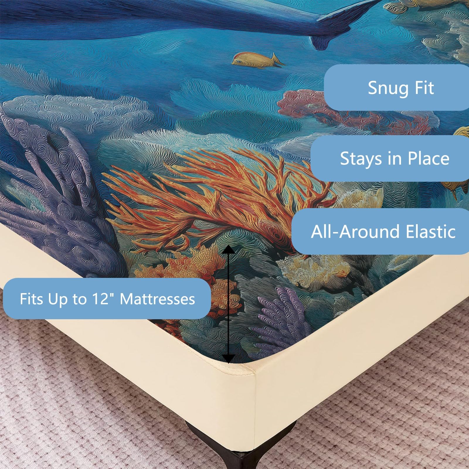 Juego de sábanas bajeras ajustables de 3 piezas, 90 x 200 cm, diseño de arrecife de delfín, peces tropicales, de microfibra, animales marinos, suave y agradable al tacto, transpirable, colchones de