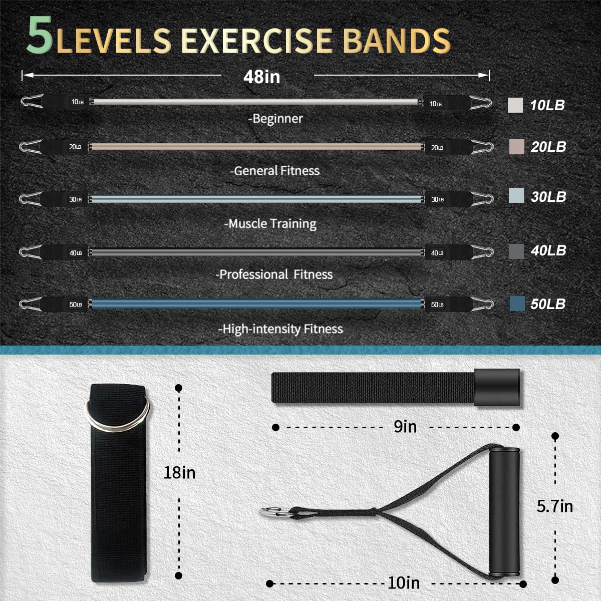 VEICK - Bandes de résistance d’entraînement, avec poignées, pour homme et femme, bandes d'exercice élastiques pour fitness, exercices à la maison, salle de sport