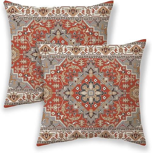 Fundas de almohada bohemias de 16 x 16 pulgadas, diseño étnico naranja quemado, gris, para exteriores, decorativas, para sofá, alfombra de otoño, 2