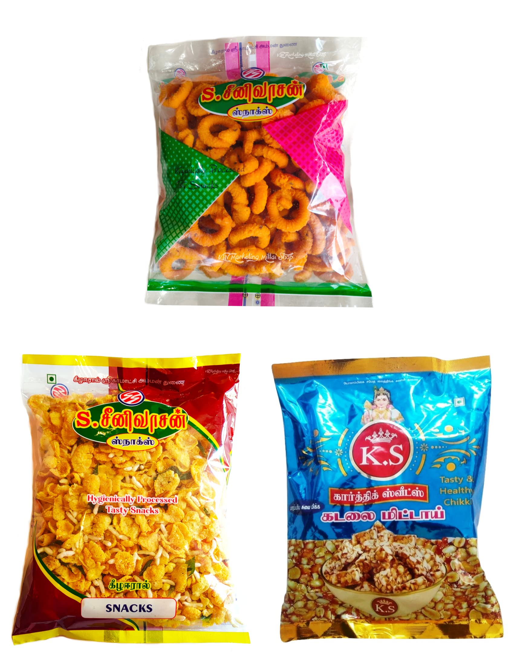 S SEENIVASAN Special Andhra Muruku 250g | Special Corn Mixture 250g | Kovilpatti Kadalai Mittai 250g - Pack of 3 (750g)
