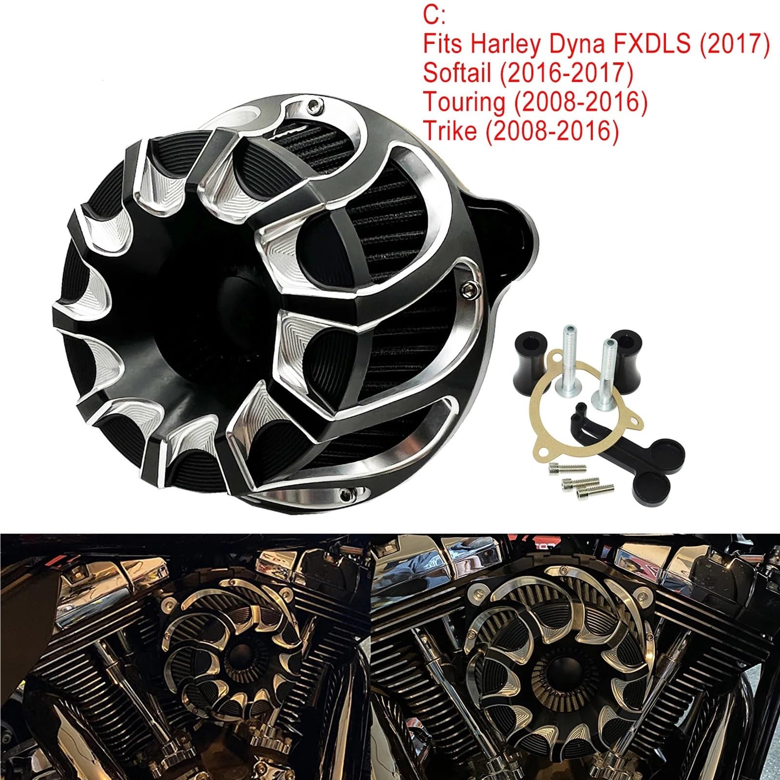 Zestaw filtra powietrza do motocykla Filtr powietrza dolotowego pasuje do Harley Sportster XL 883 1200 M8 Touring Glide Trike Softail Dyna Montaż uniwersalny Konstrukcja dwuwarstwowa stalow(C)