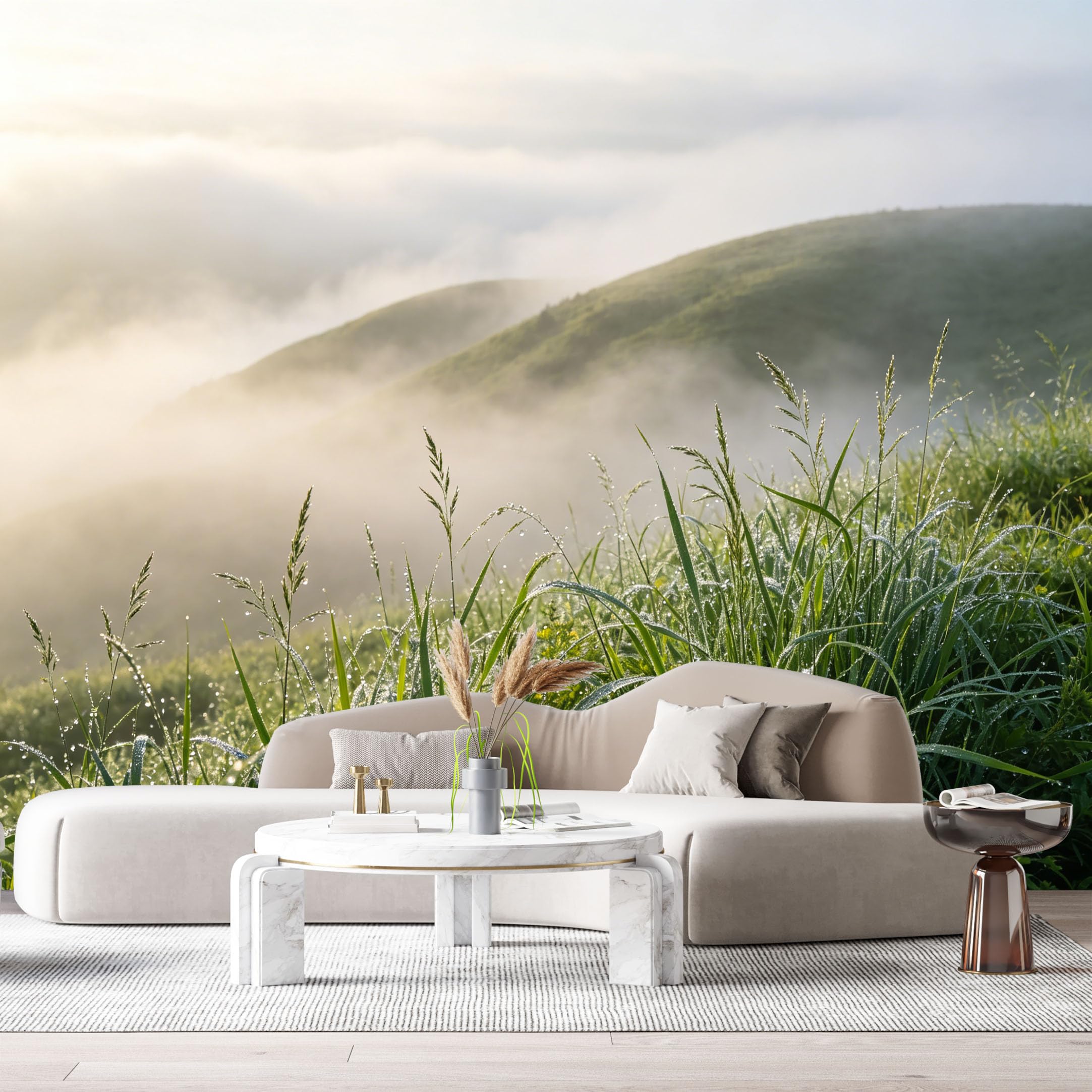 Custom Size Wall Murals Misty Mountain Landscape Morning Dew Field Nature Photography SelfAdhesive Wall Fabric Removable Large Wallpaper for Photo Living Room