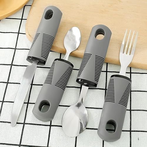 Miniatura 9 de Juego de utensilios adaptativos, cubiertos pesados, 4 piezas, sólidos y seguros, en ángulo, antideslizantes, de fácil agarre, juego de cubiertos con