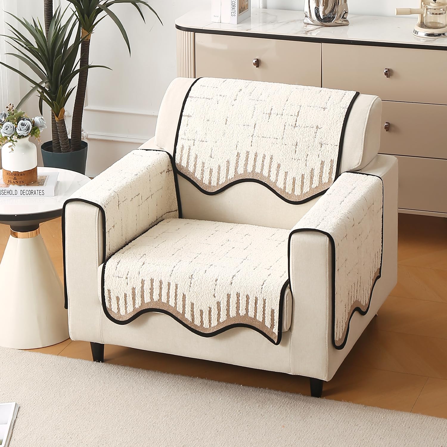 HOKIPO Complete (Seat+Back+Arm) Sofa Mat Set for 1 Seater Sofa | Luxury Supple Soft Wavy Mat with Anti Slip Backing, Cream Brown (AR-5972+5971 * 2+6217-CRBR)-image-22