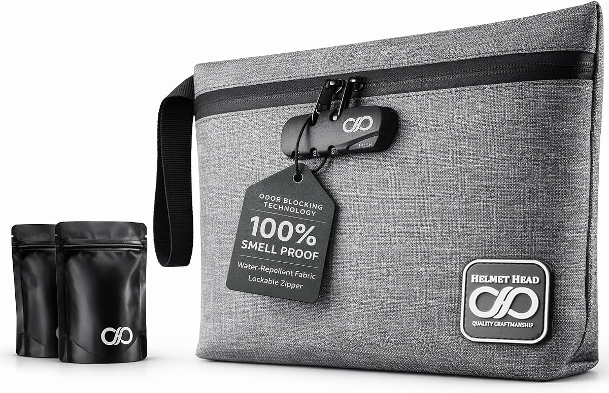 HELMET HEAD Smell Proof Bag with Combination Lock, Durable Water Repellent Odorless Stash Bag Comes With Mylar Bags and Inside Pouches For Your Herbs and Smelly Accessories (New Gray)