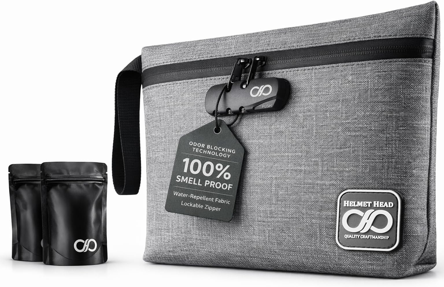 HELMET HEAD Smell Proof Bag with Lock, Locking Medicine Bag (New Gray) | Activated carbon lining, mylar bags and inner pockets, water resistant lockable travel case for medication