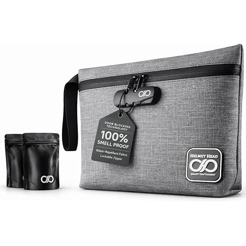 HELMET HEAD Smell Proof Bag with Combination Lock, Durable Water Repellent Odorless Stash Bag Comes With Mylar Bags and Inside Pouches For Your Herbs and Smelly Accessories (New Gray)