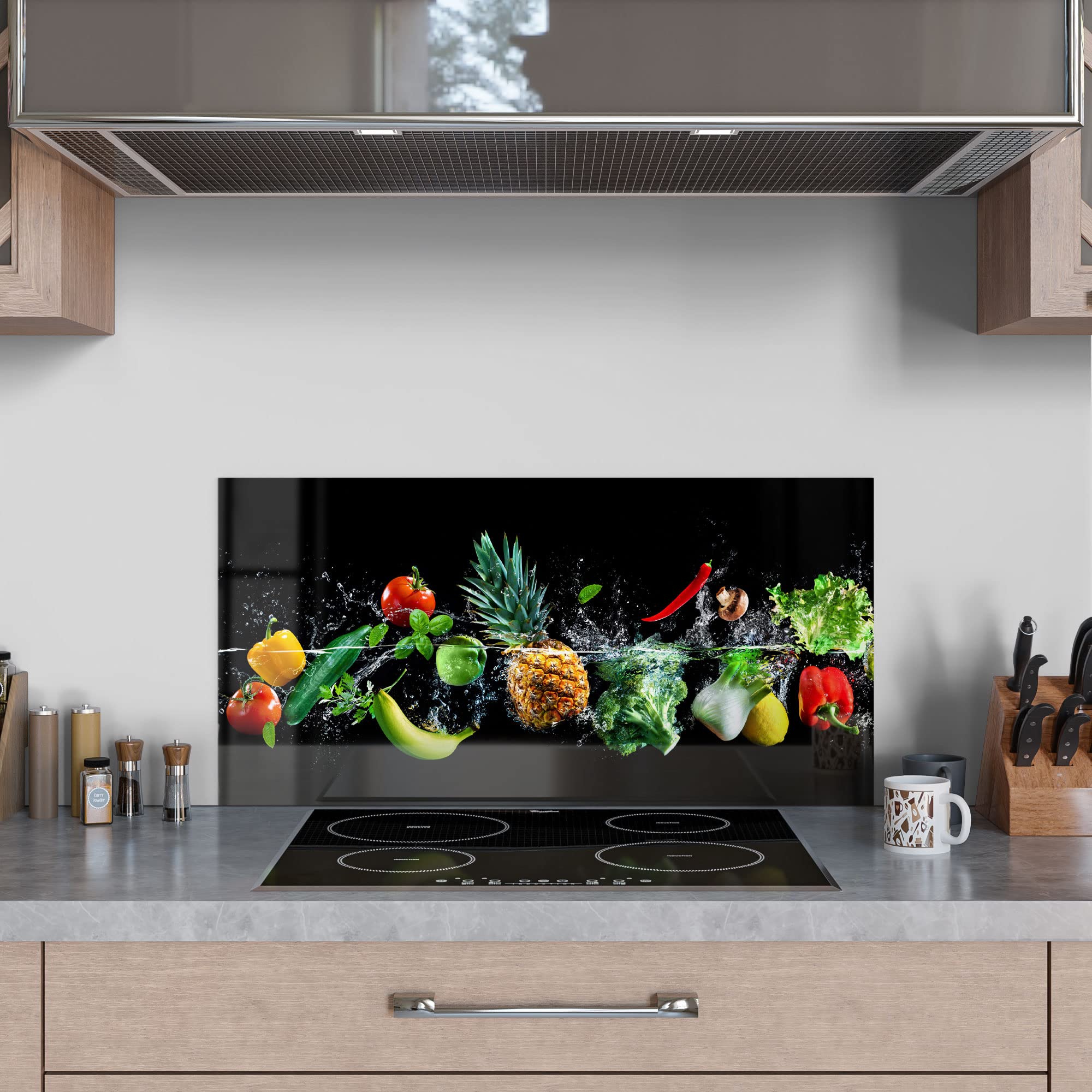 DEQORI Küchenrückwand Glas | Motiv Sauberes Obst und Gemüse | 80x40 cm | Bad- oder Herd-Rückwand | Herdblende Spritzschutz für Küche & Badezimmer | moderne Deko für Fliesenspiegel