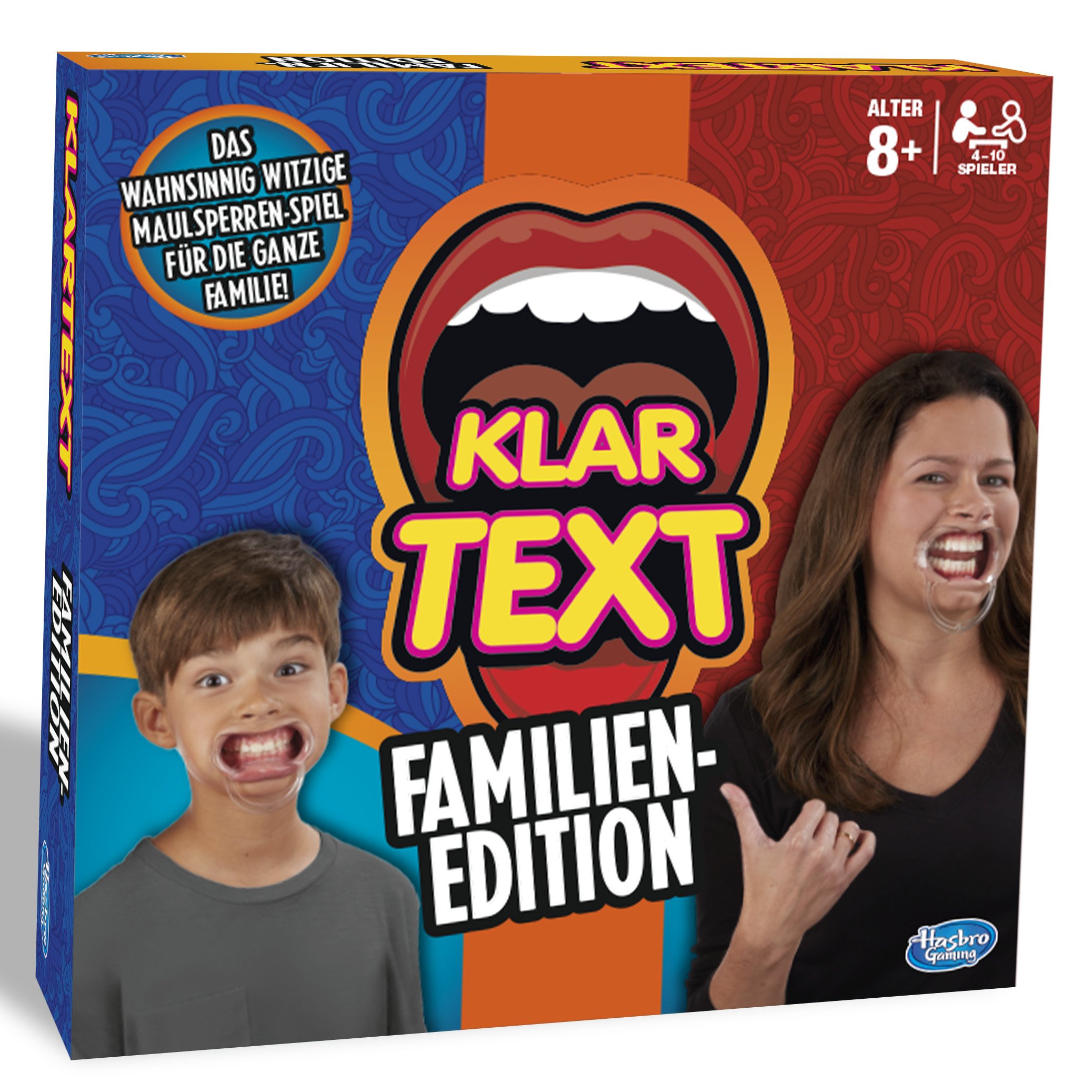 Hasbro Gaming Klartext Familien-Edition, Partyspiel mit Lachgarantie, mit 6 Mundstücken für Kinder und 4 Mundstücken für Erwachsene, für die ganze Familie