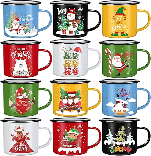CHENGU Juego de 12 tazas de esmalte de Navidad a granel de 12 onzas, tazas de chocolate caliente, tazas de cerámica de cacao caliente para