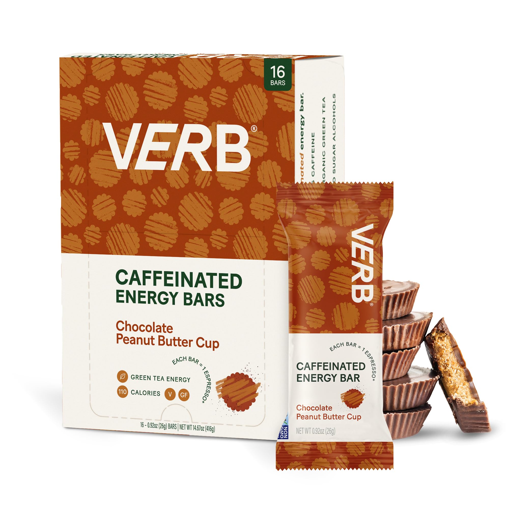 Verb Energy - Caffeinated Energy Bars Chocolate Peanut Butter Cup 110-Calorie Snack Bar - Nutrition Bars - Vegan Snacks - Gluten Free Breakfast Bars with Organic Green Tea, 26g (Pack of 16) Chocolate Peanut Butter Cup 16 Count (Pack of 1)