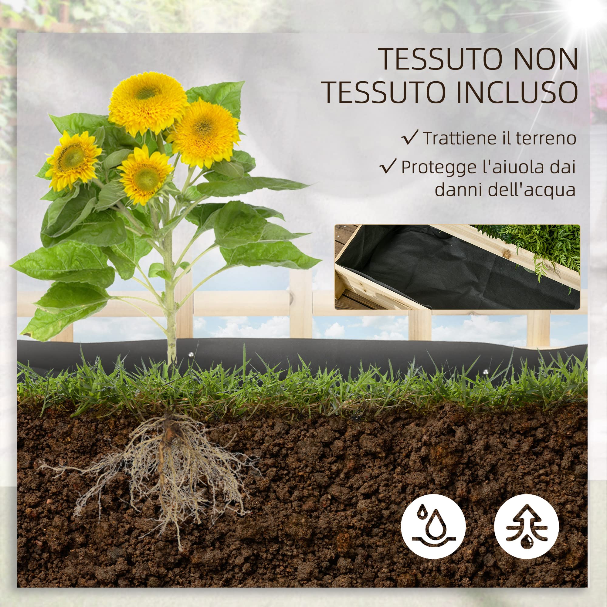 Outsunny Fioriera da Esterno a 3 Livelli con Grigliato in Legno di Abete e Tessuto non Tessuto, 95x95x110 cm, color Legno
