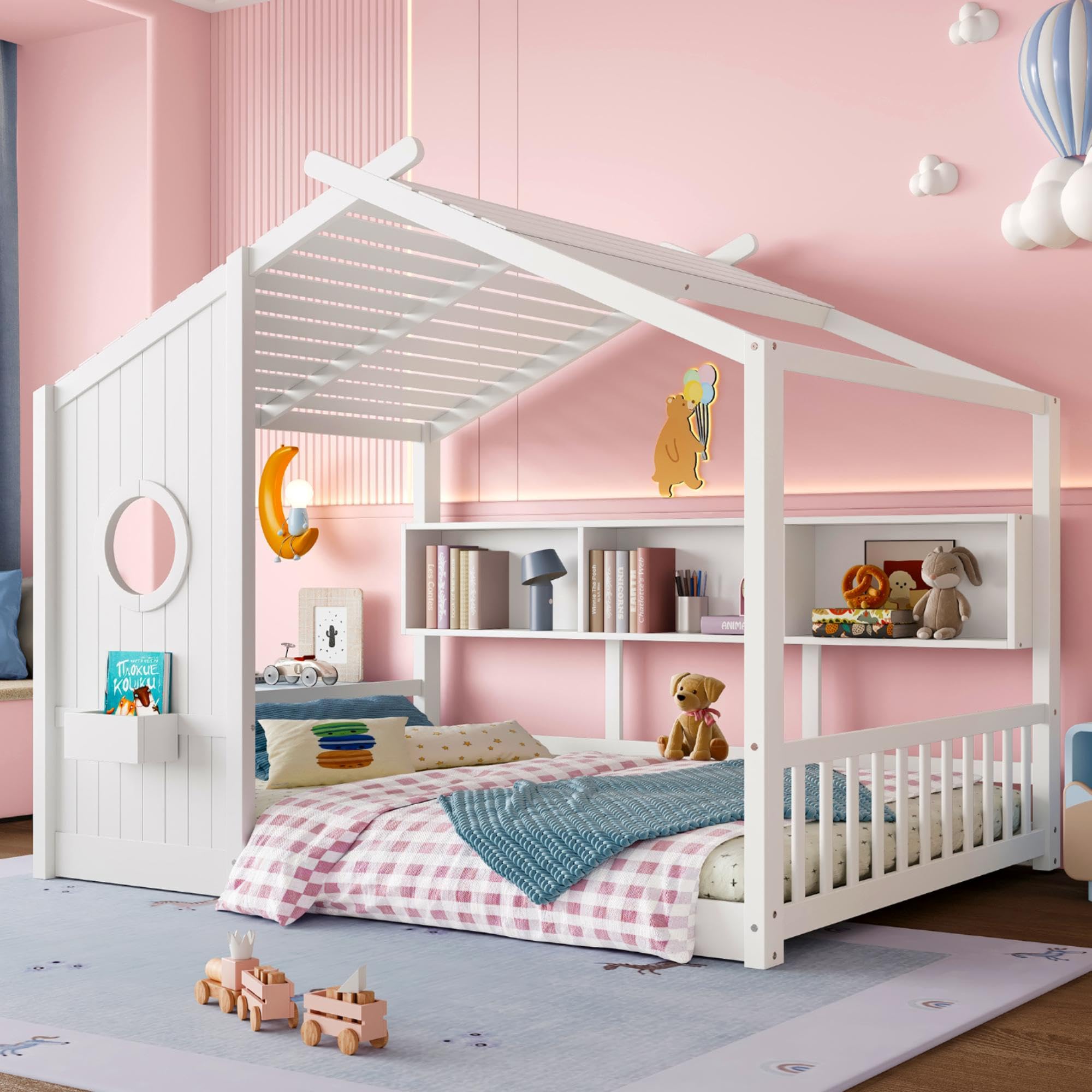 Full Size Floor House Bed with Roof and Window for Kids, Wooden Playhouse Bed with Storage Shelves for Bedroom Furniture Girls &amp; Boys (White/L1, Full)